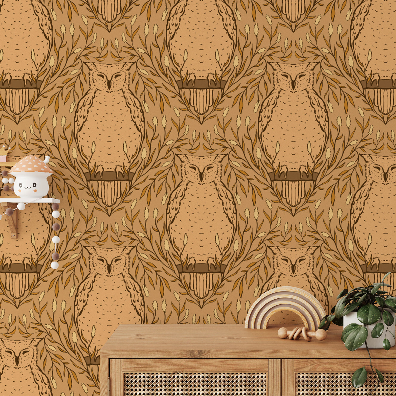 Charming harvest owl wallpaper for cozy, nature-inspired decor.
