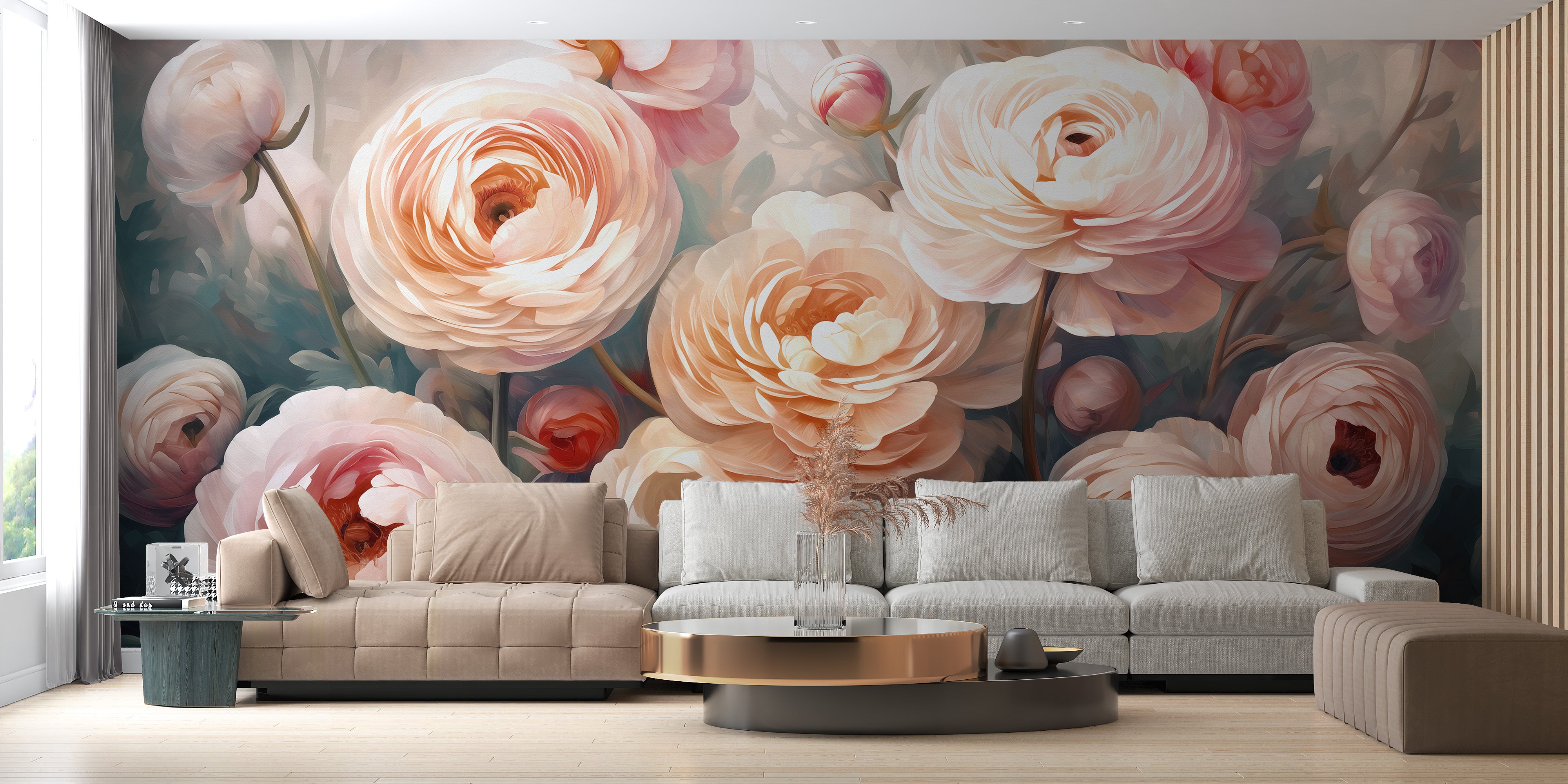 Create a tranquil space with ranunculus pink flower mural wallpaper.