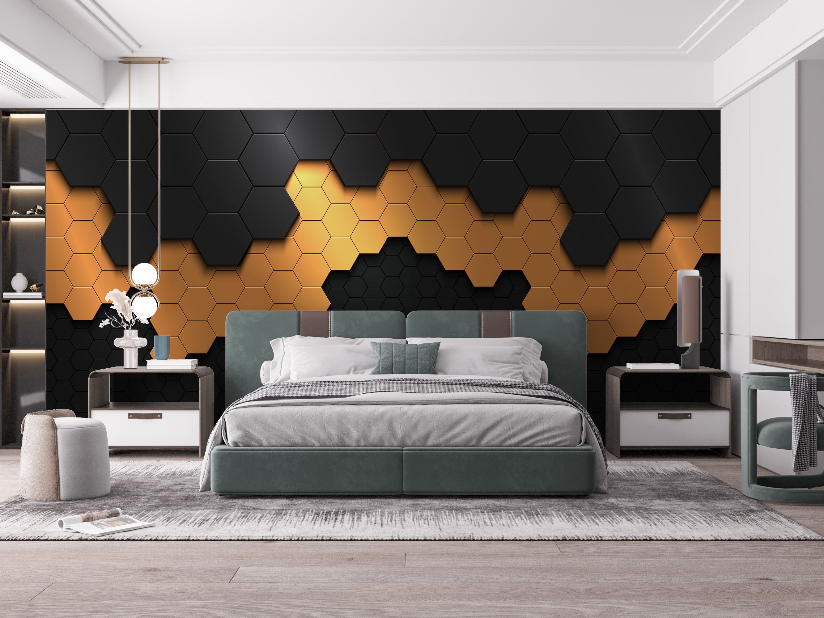 Black and gold hexagon pattern wallpaper mural
