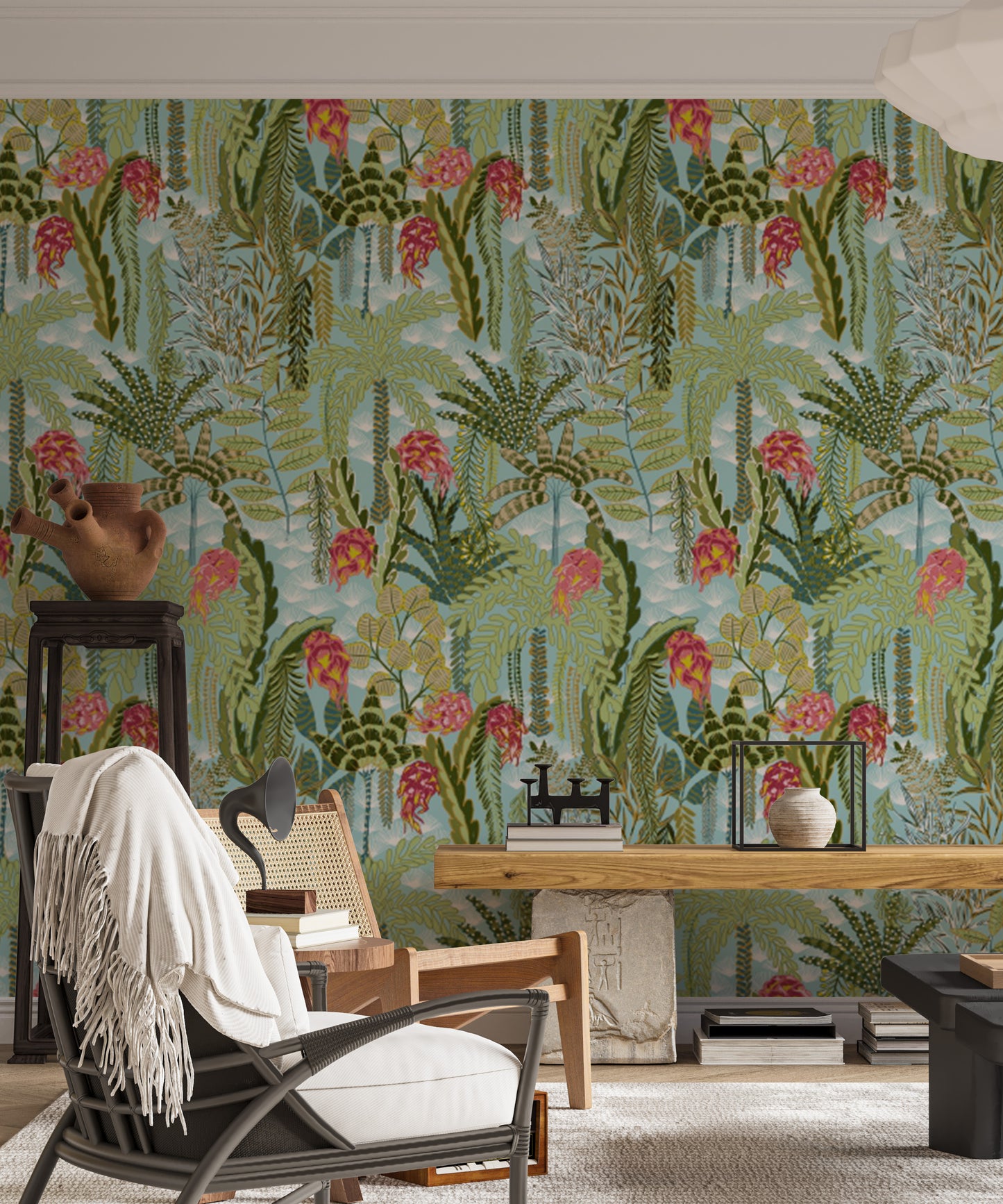 Artistic Exotic Mint wallpaper for nature-inspired interiors.
