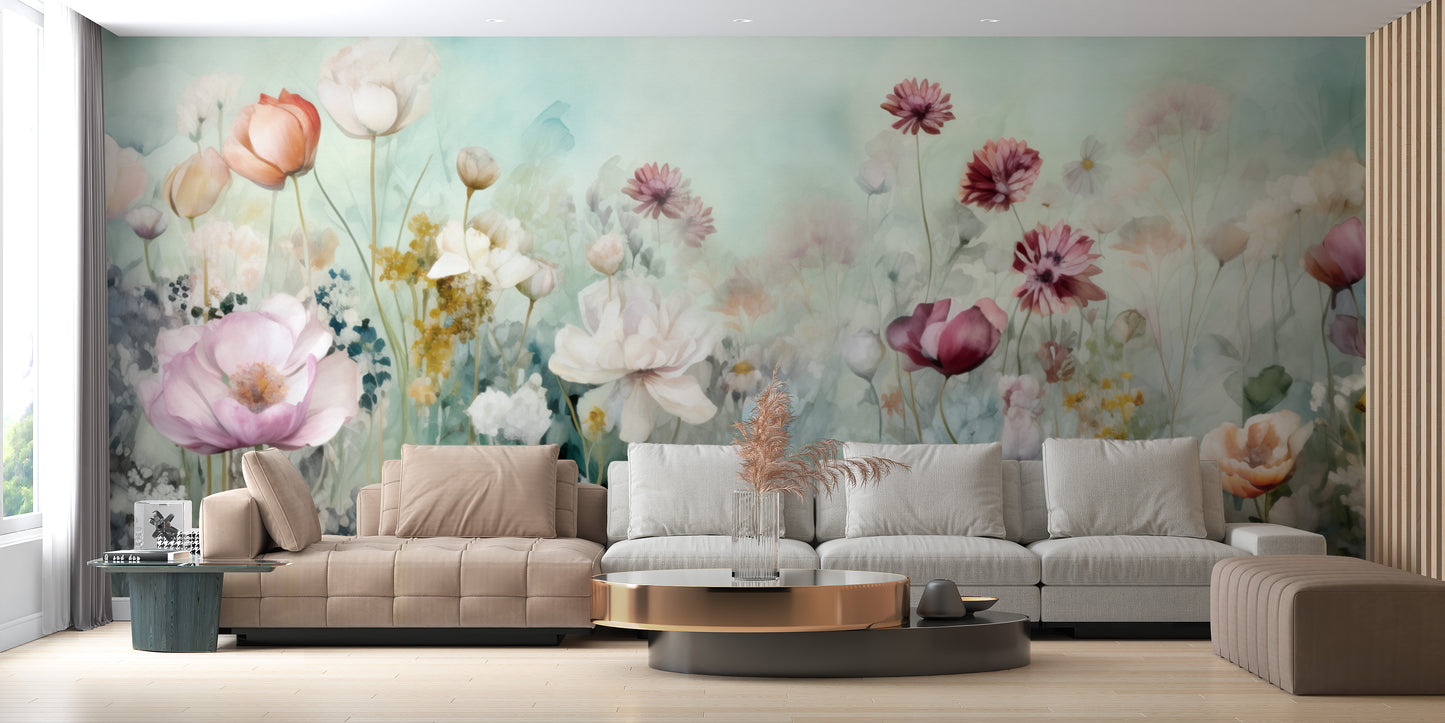 Colorful pastel flower wallpaper mural for a vibrant, artistic room decor.