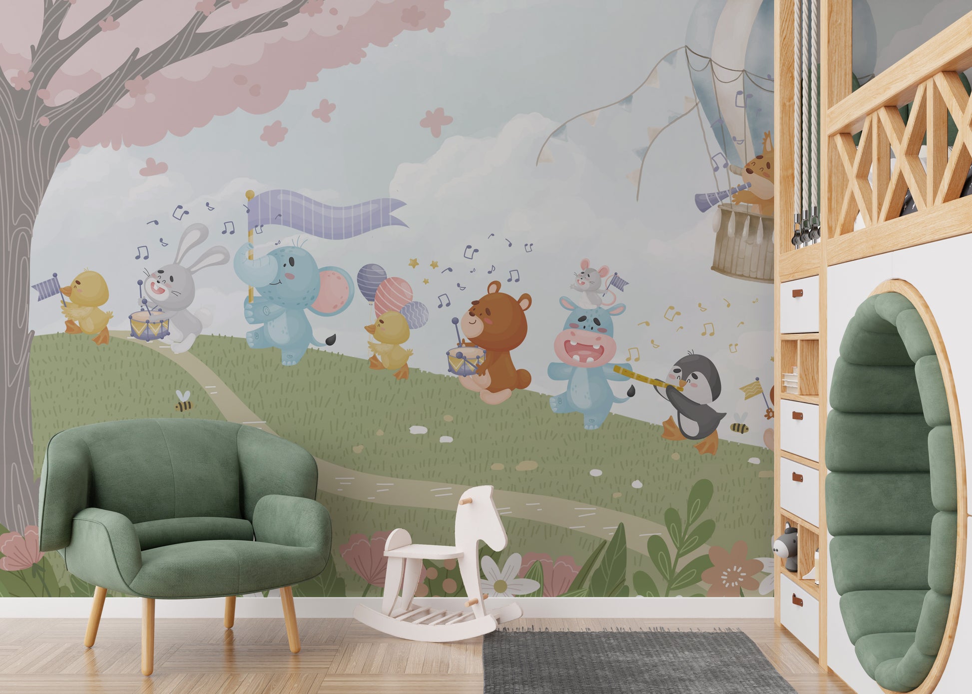 Lively musical menagerie wallpaper with artistic flair