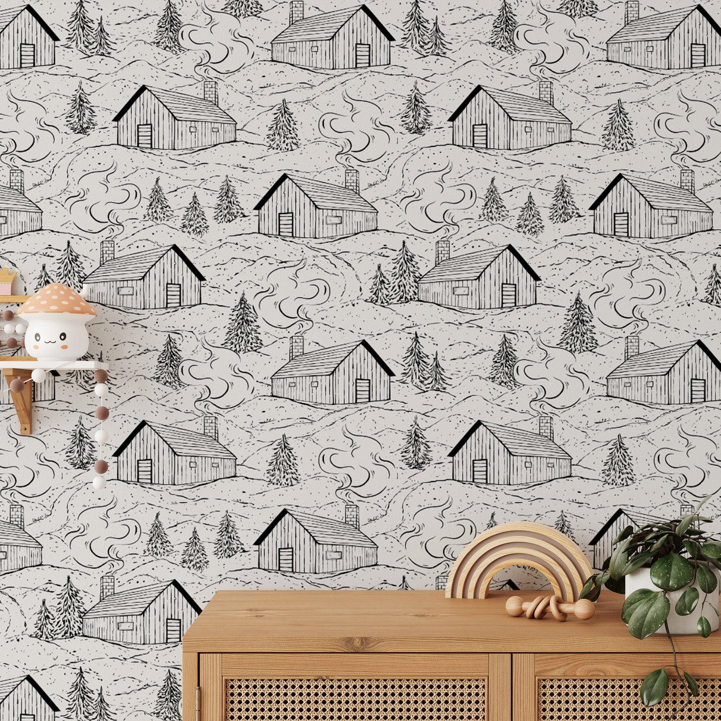 Timeless black and white smokey cabin mural for rustic-inspired spaces.
