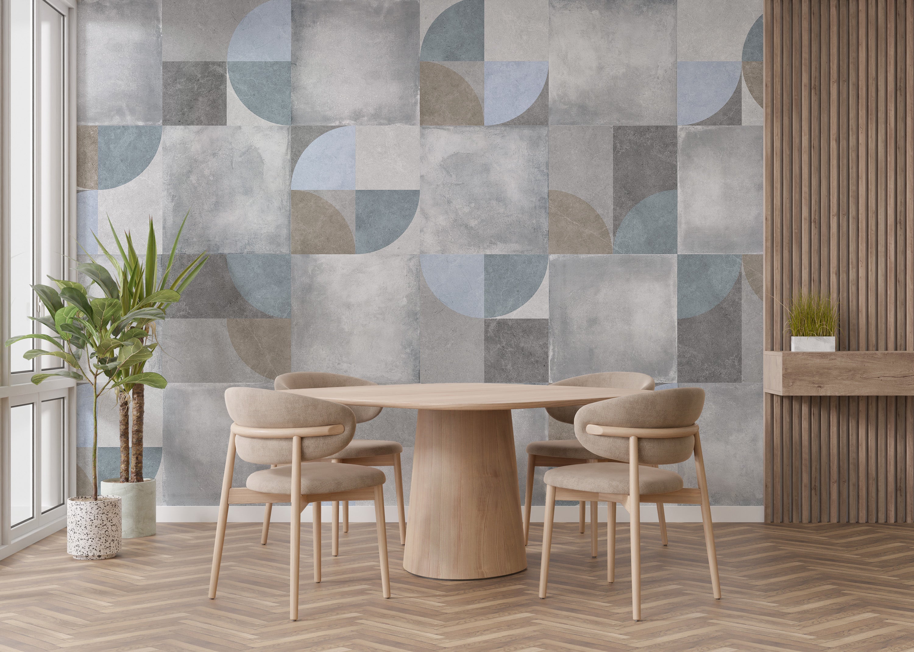 Bold geometric cement wallpaper with texture