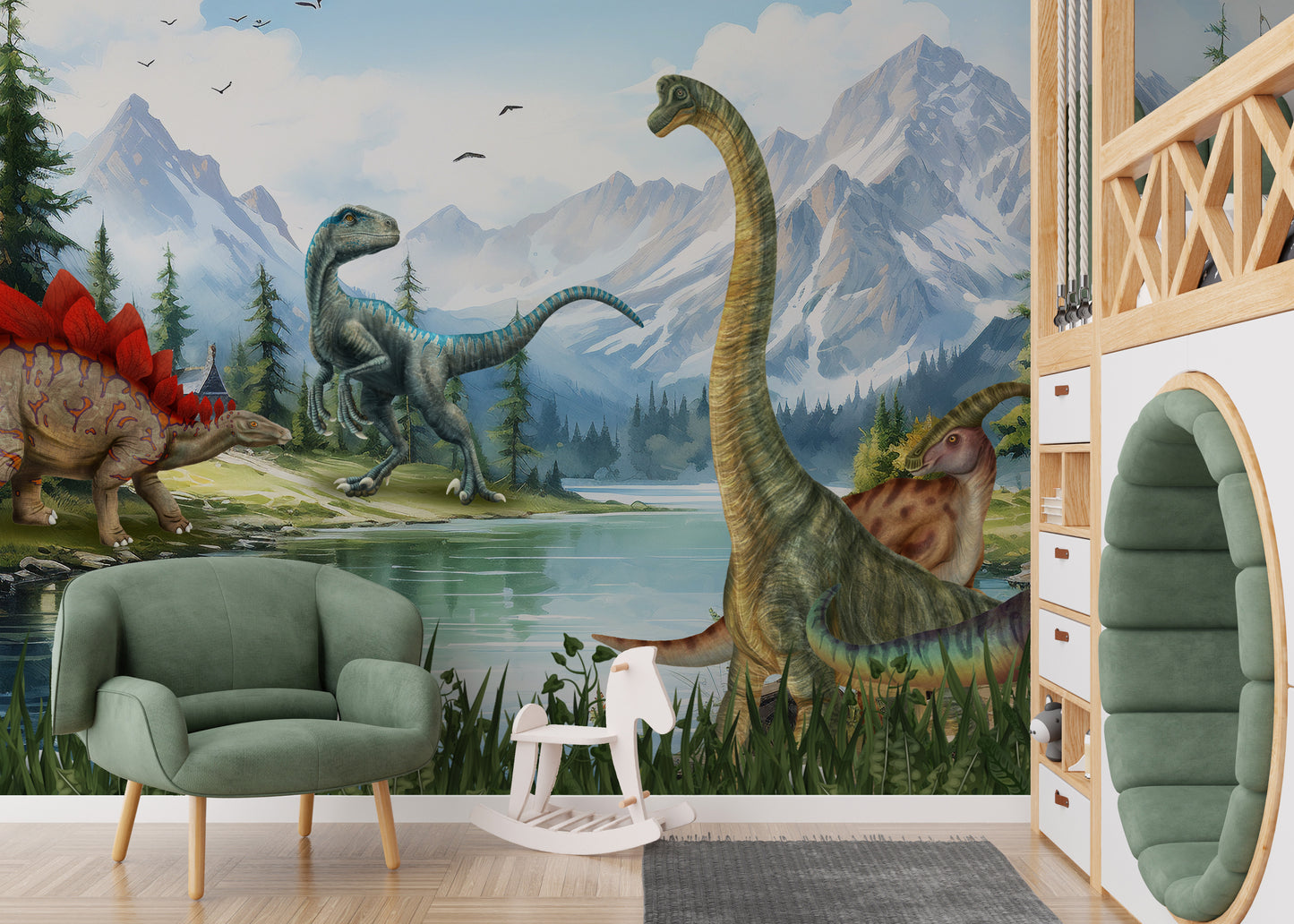 Jurassic-inspired dinosaur wallpaper mural for adventurous decor.
