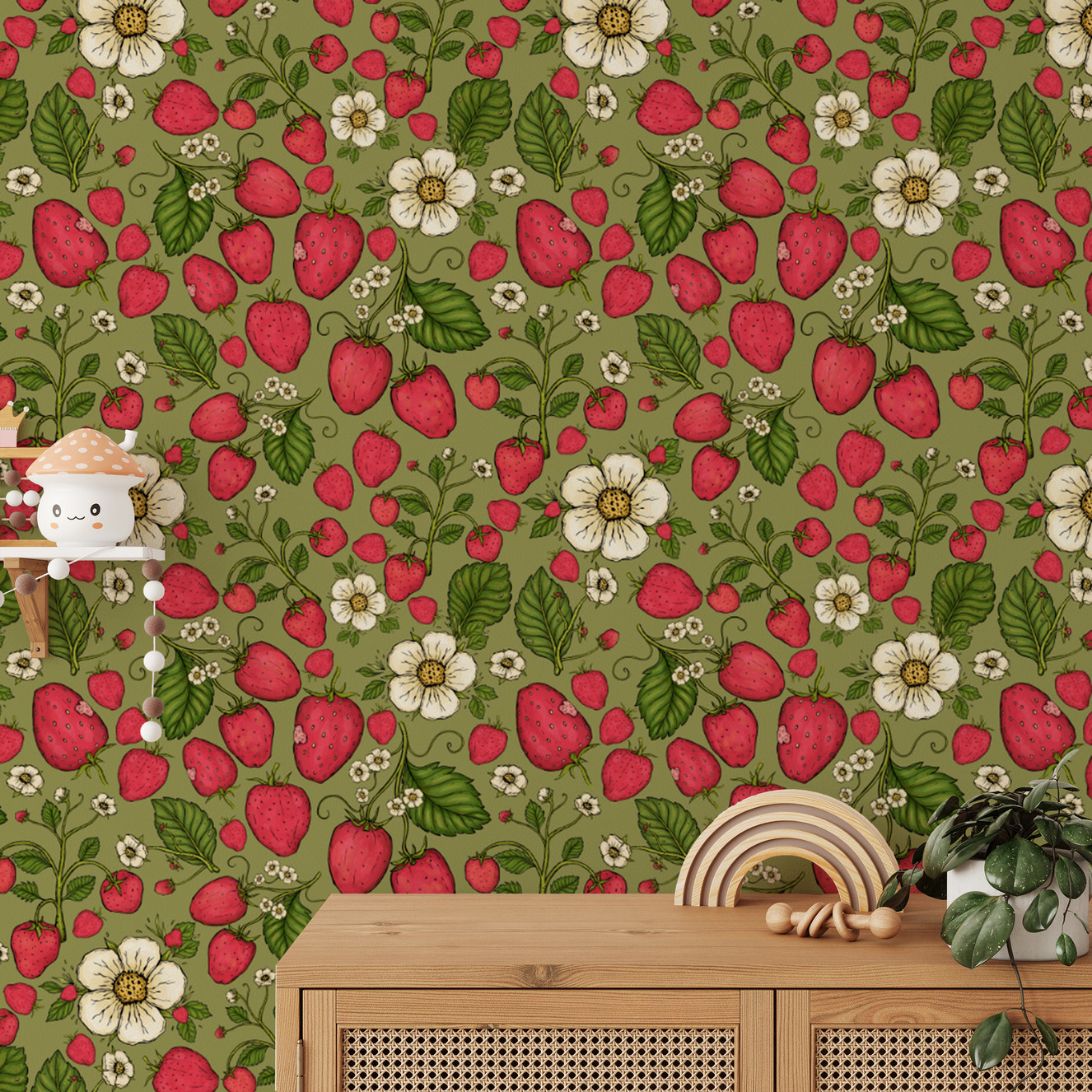 Fresh pink strawberries on green wallpaper for a lively vibe.
