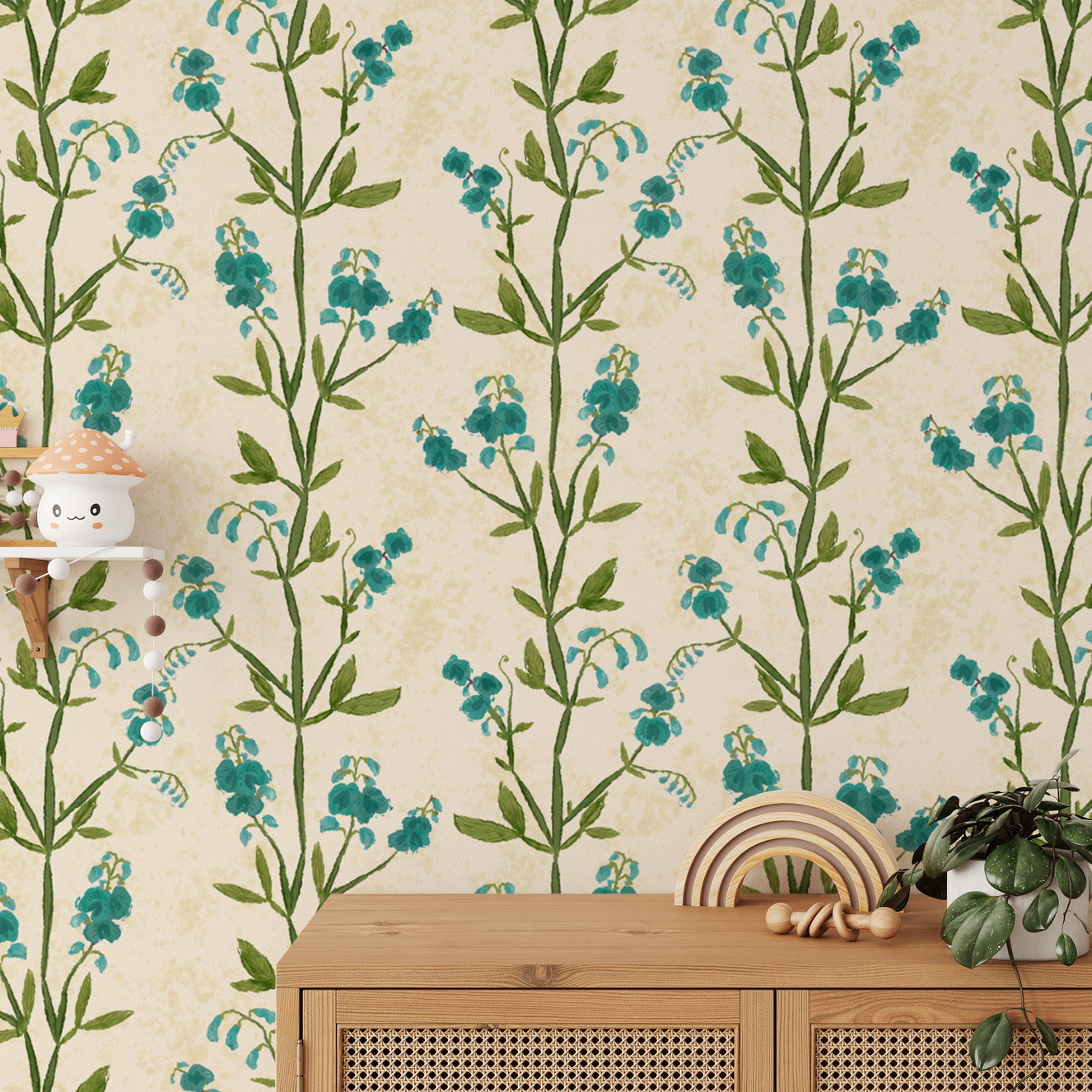 Elegant sweet peas blue wallpaper for charming interiors.
