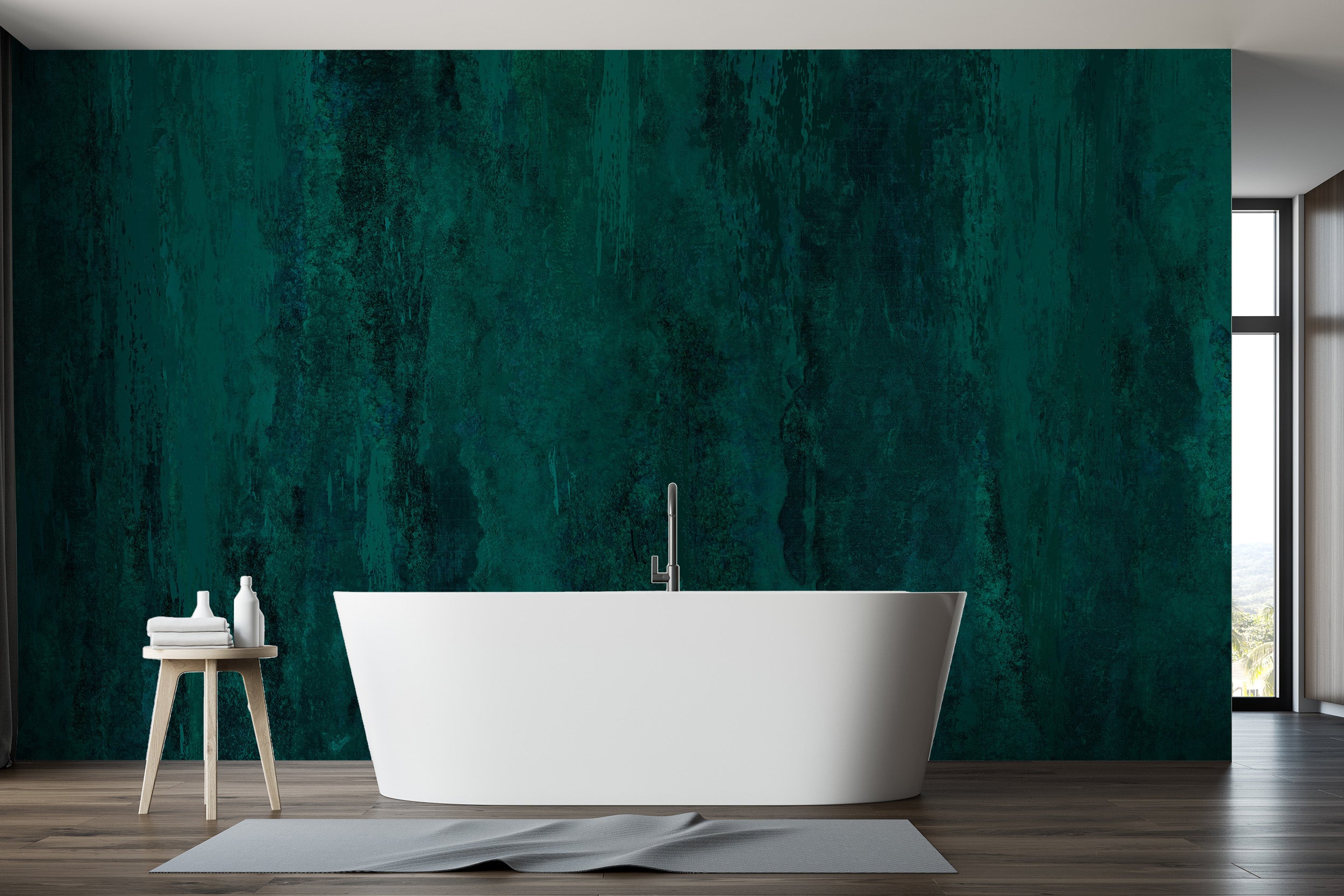 Bathroom walls glow with teal grunge wallpaper design