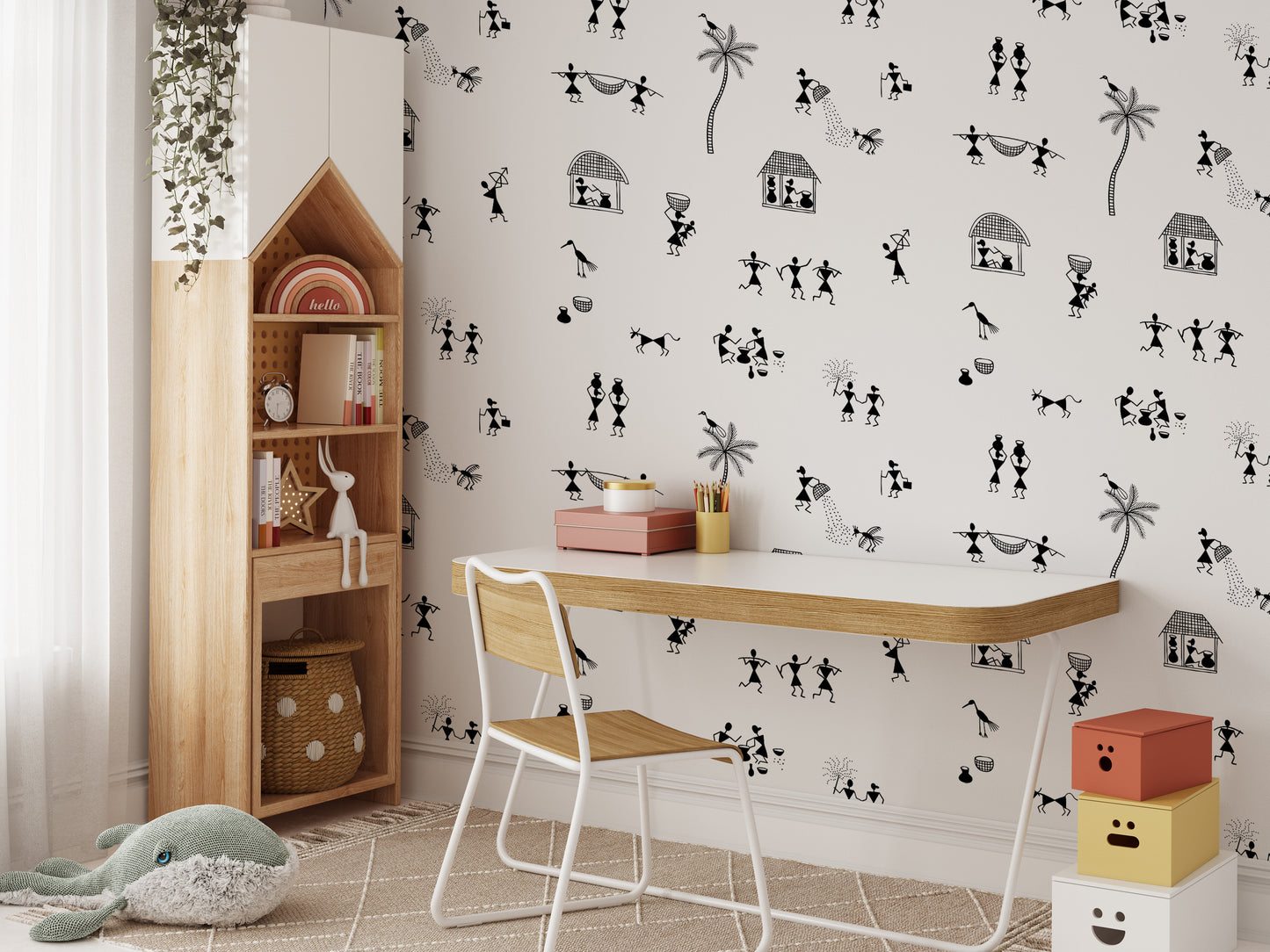 Warli Wonders mural wallpaper for wall decor