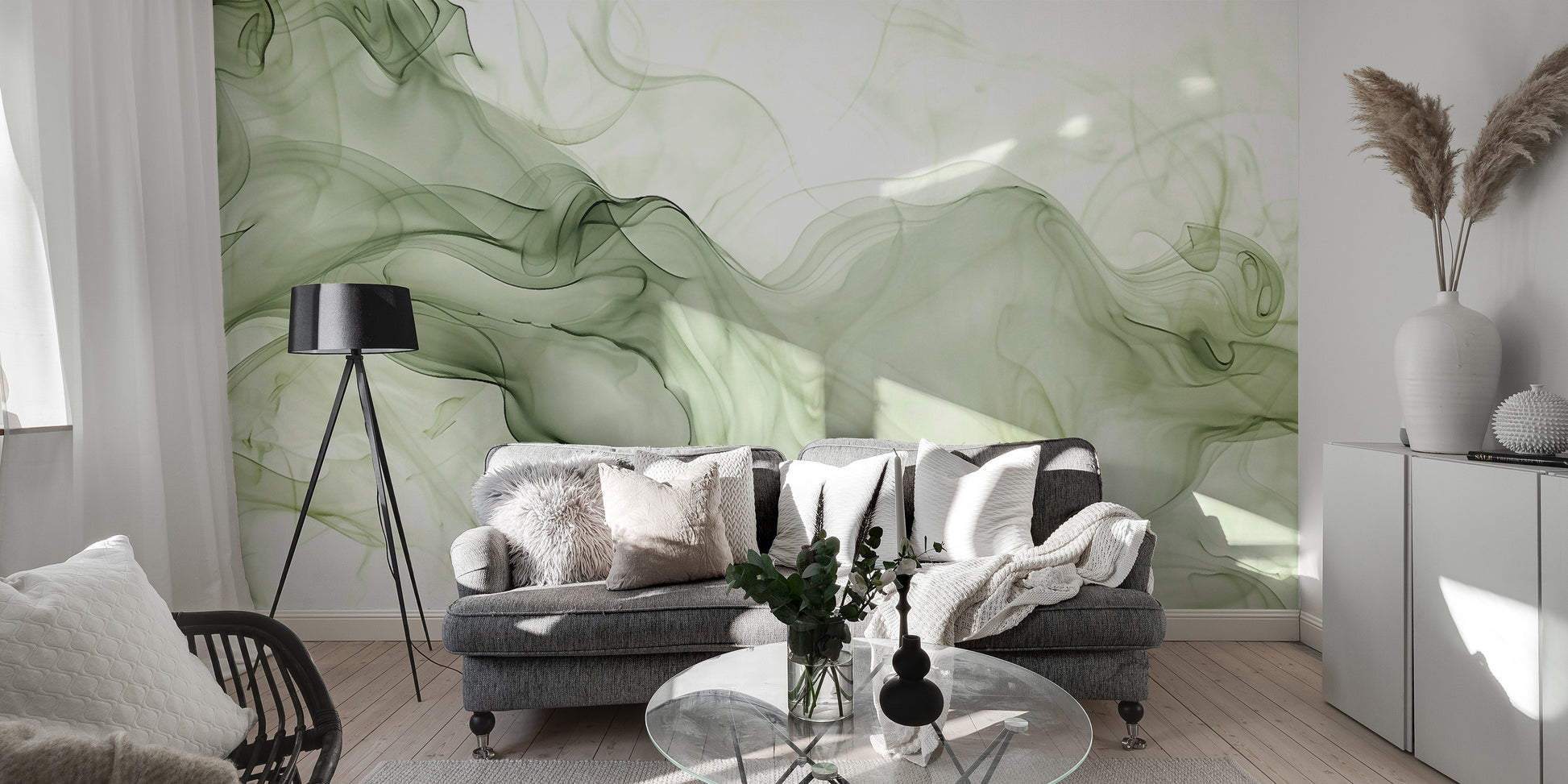 Living Room Green Watercolor Ink Wallpaper