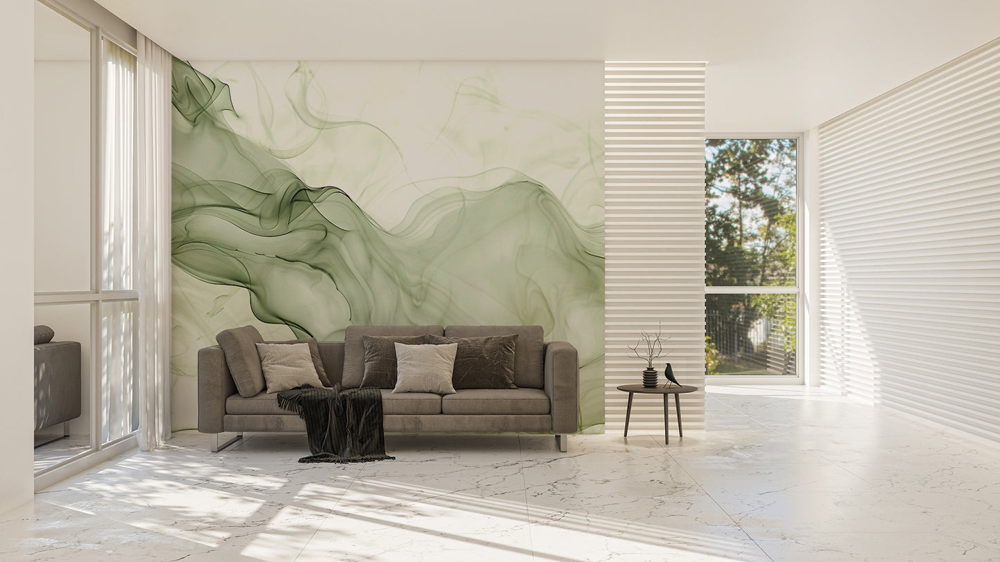 Elegant Green Watercolor Ink Mural in Living Room