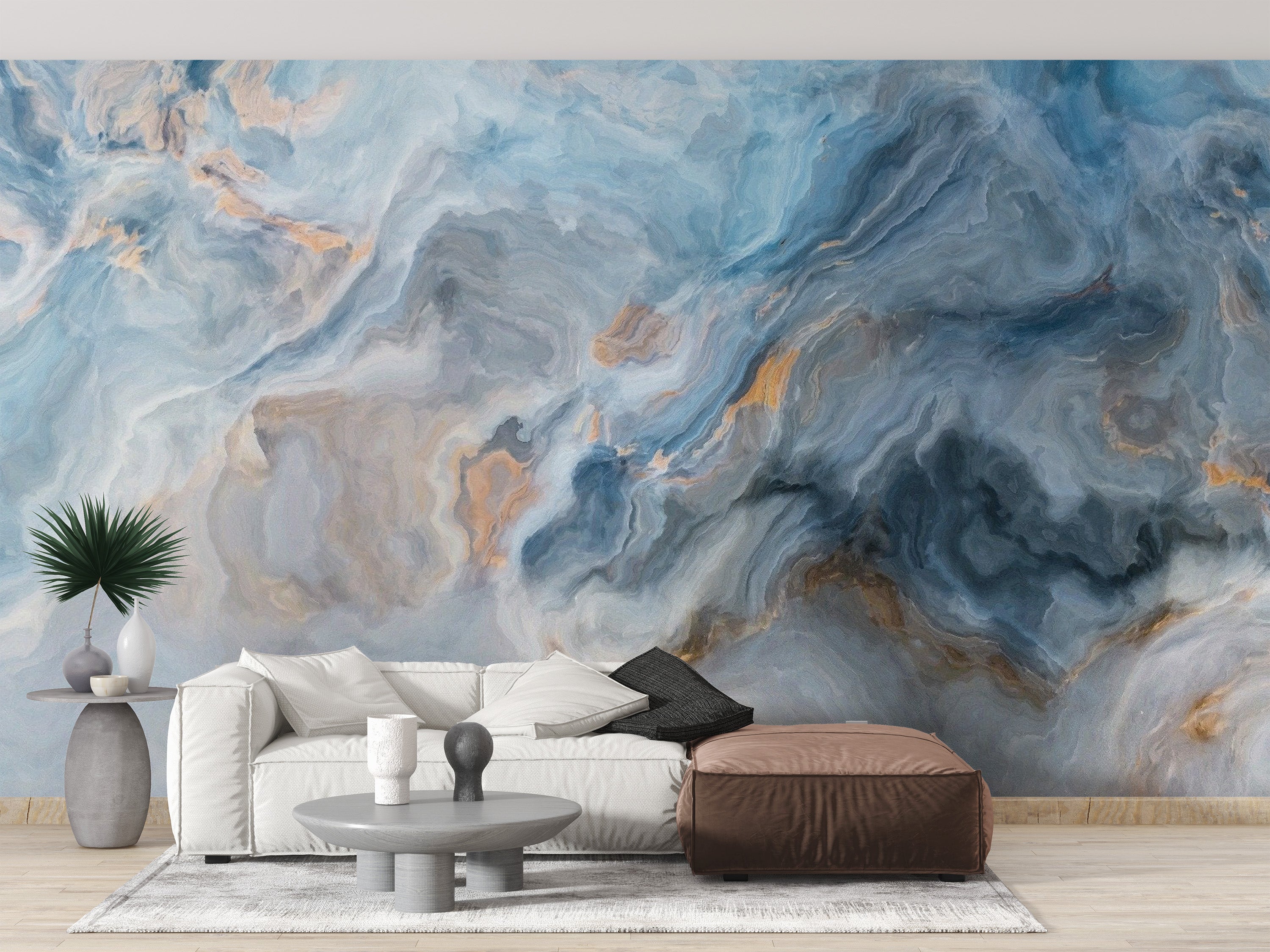 Luxurious marble mural in soft blue tones
