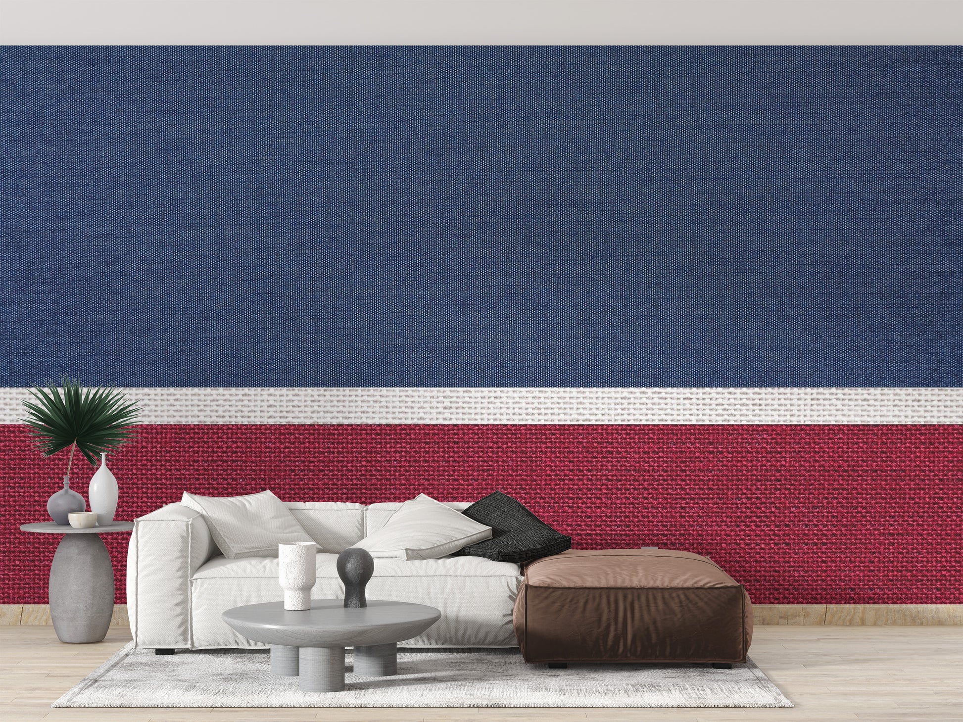 Modern fabric-inspired blue red mural wallpaper
