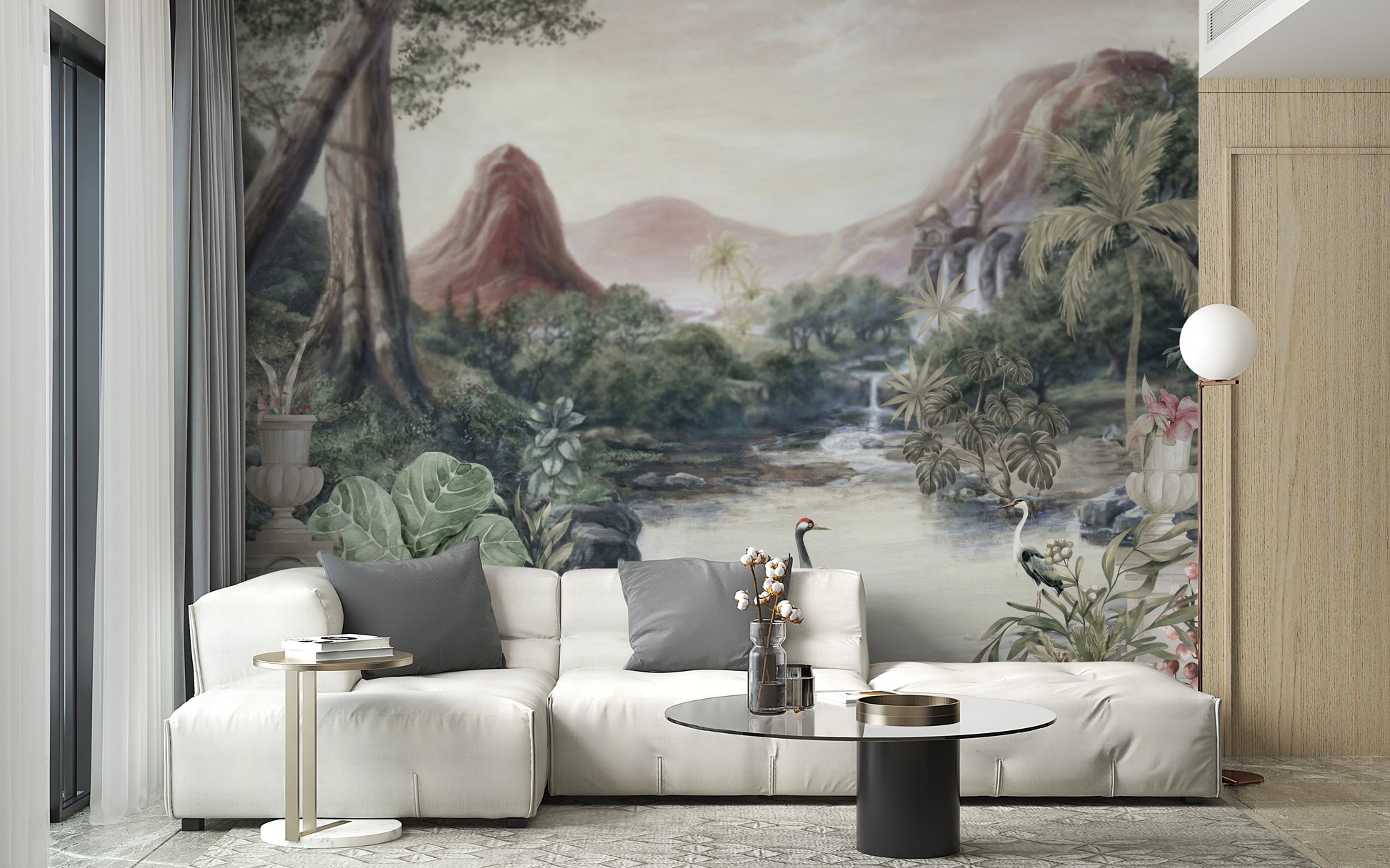 Crane birds wall mural featuring a serene lake design