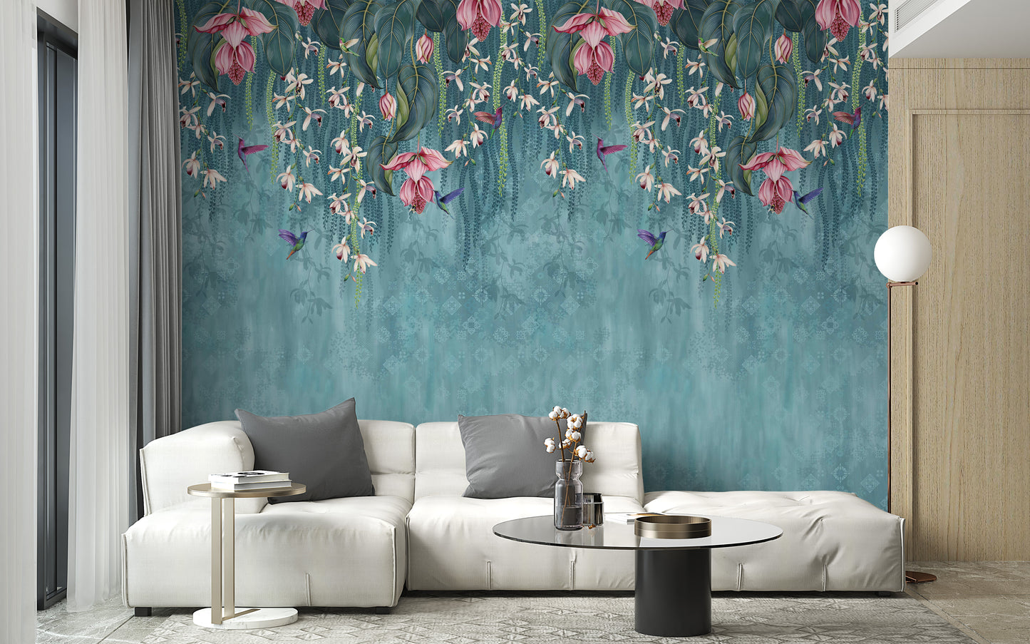 Hanging Pink Flower on Turquoise Wallpaper