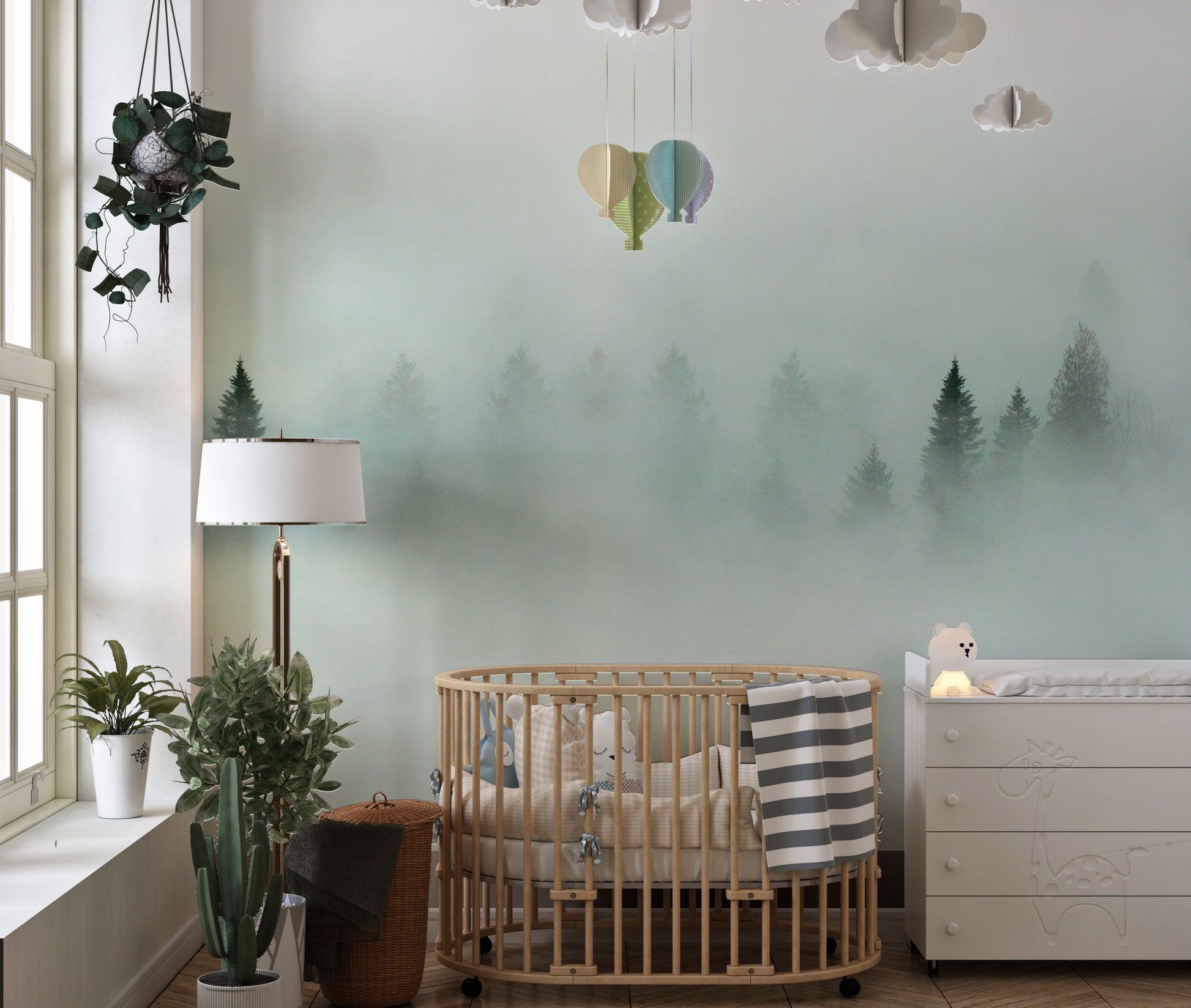 Dense forest fog mural adding depth and mystery to walls.
