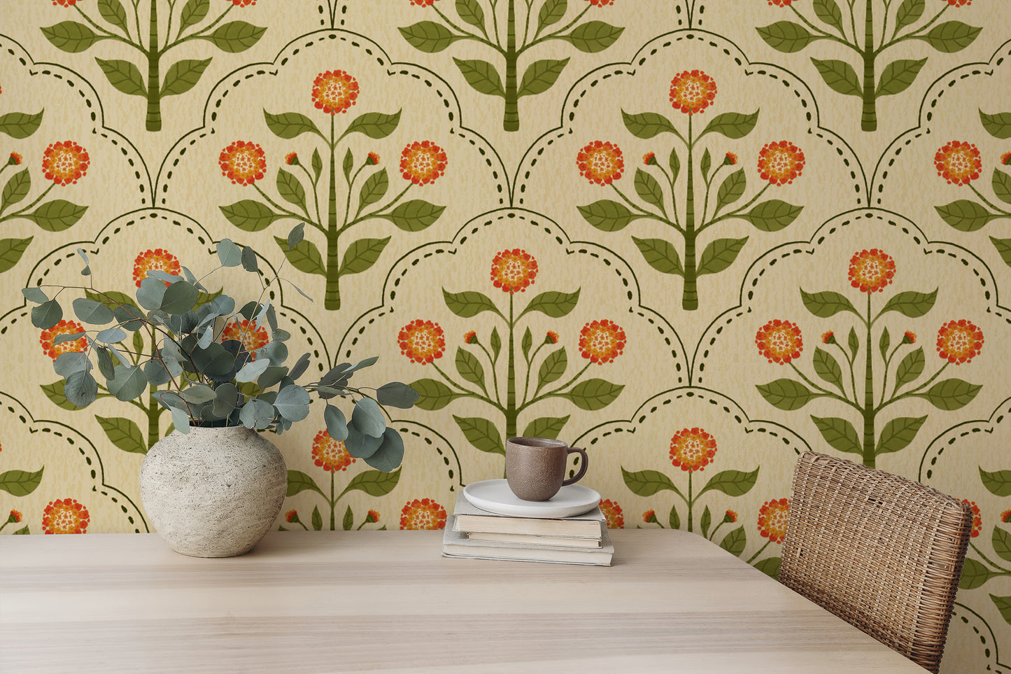 Wallpaper with detailed orange flower patterns
