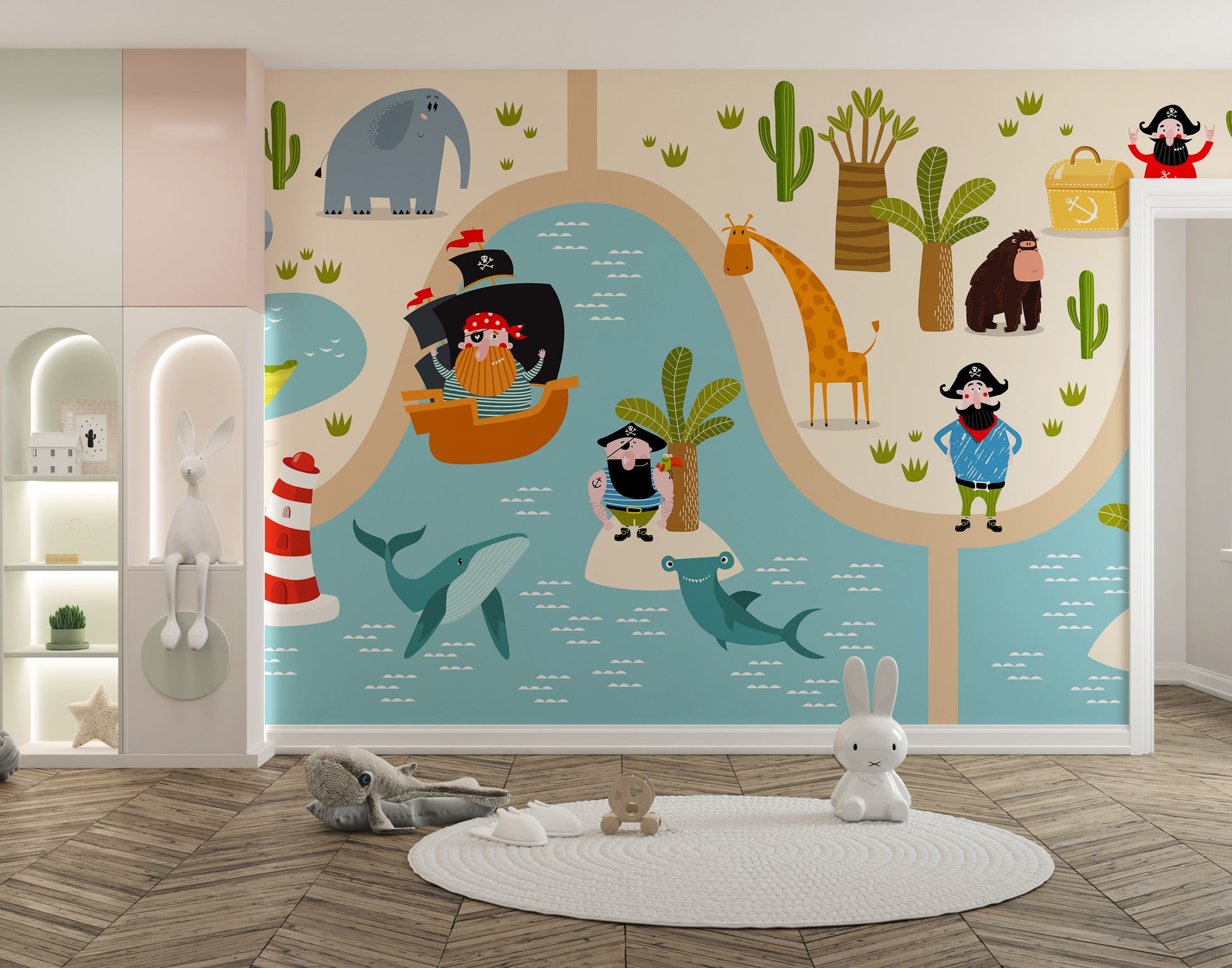 Playful safari animals and pirates wallpaper