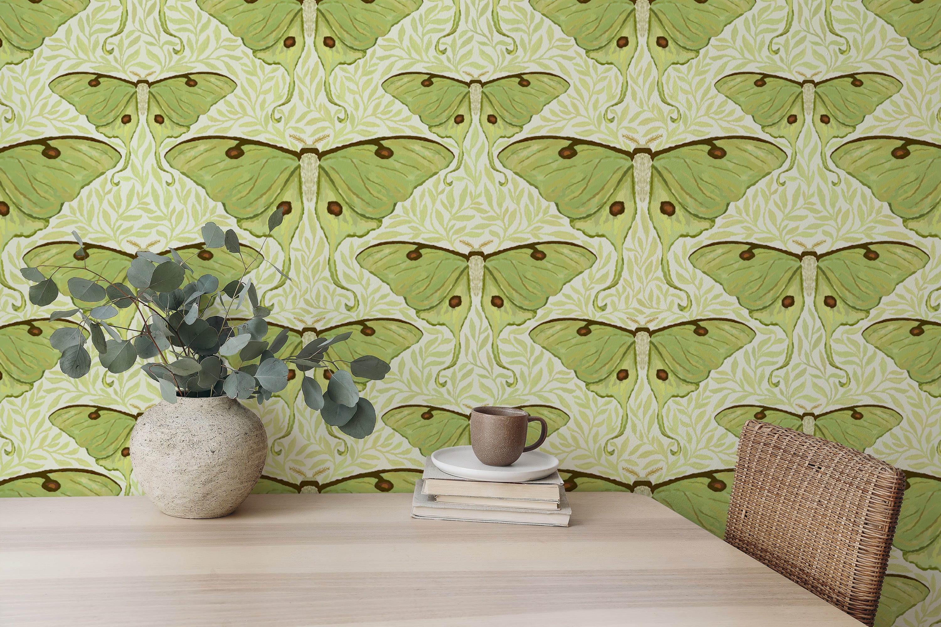 Luna moth wallpaper with leaf details for walls
