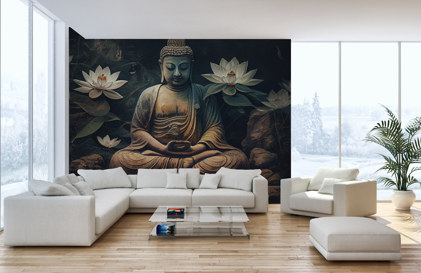 Meditative Buddha and Lotus Flowers Mural