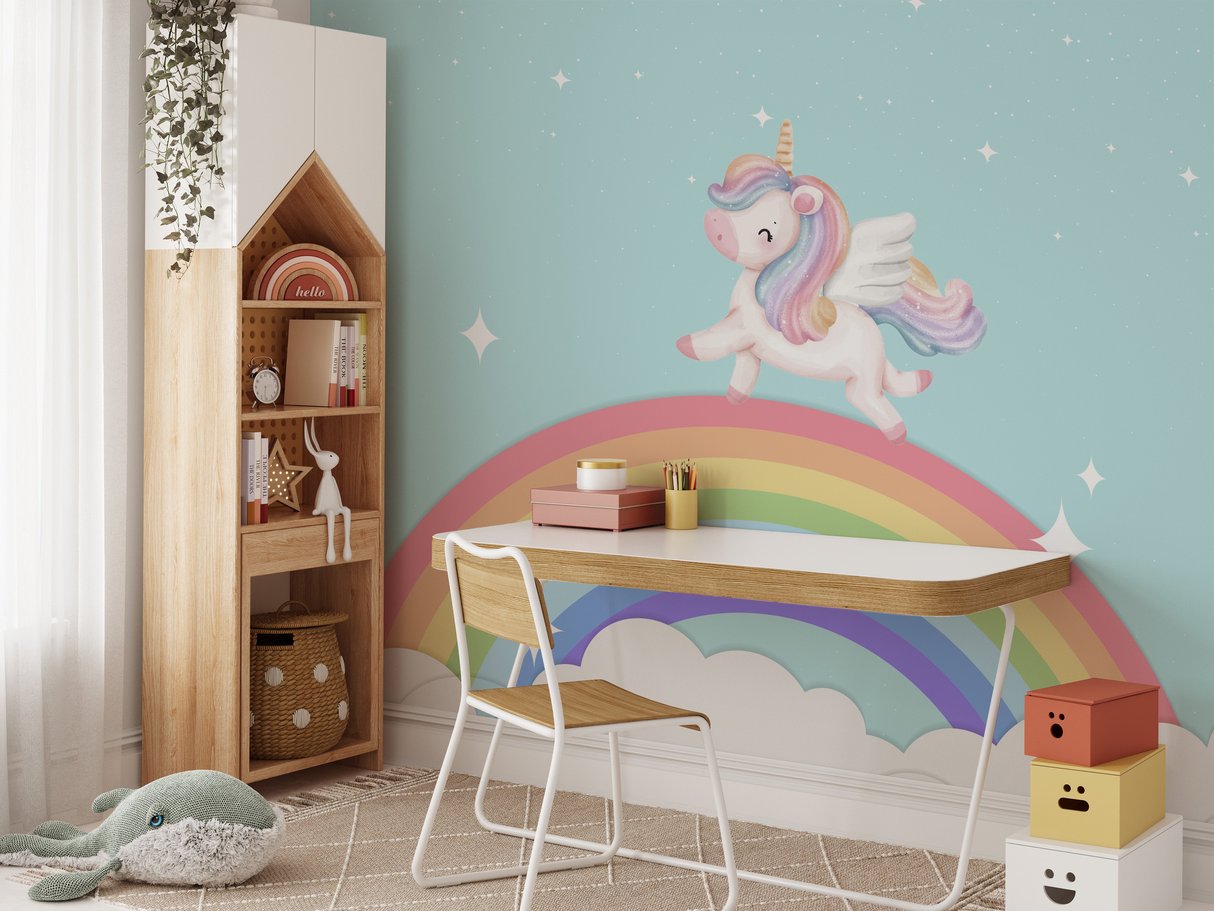 Rainbow unicorn mural wallpaper creating a fantasy world.
