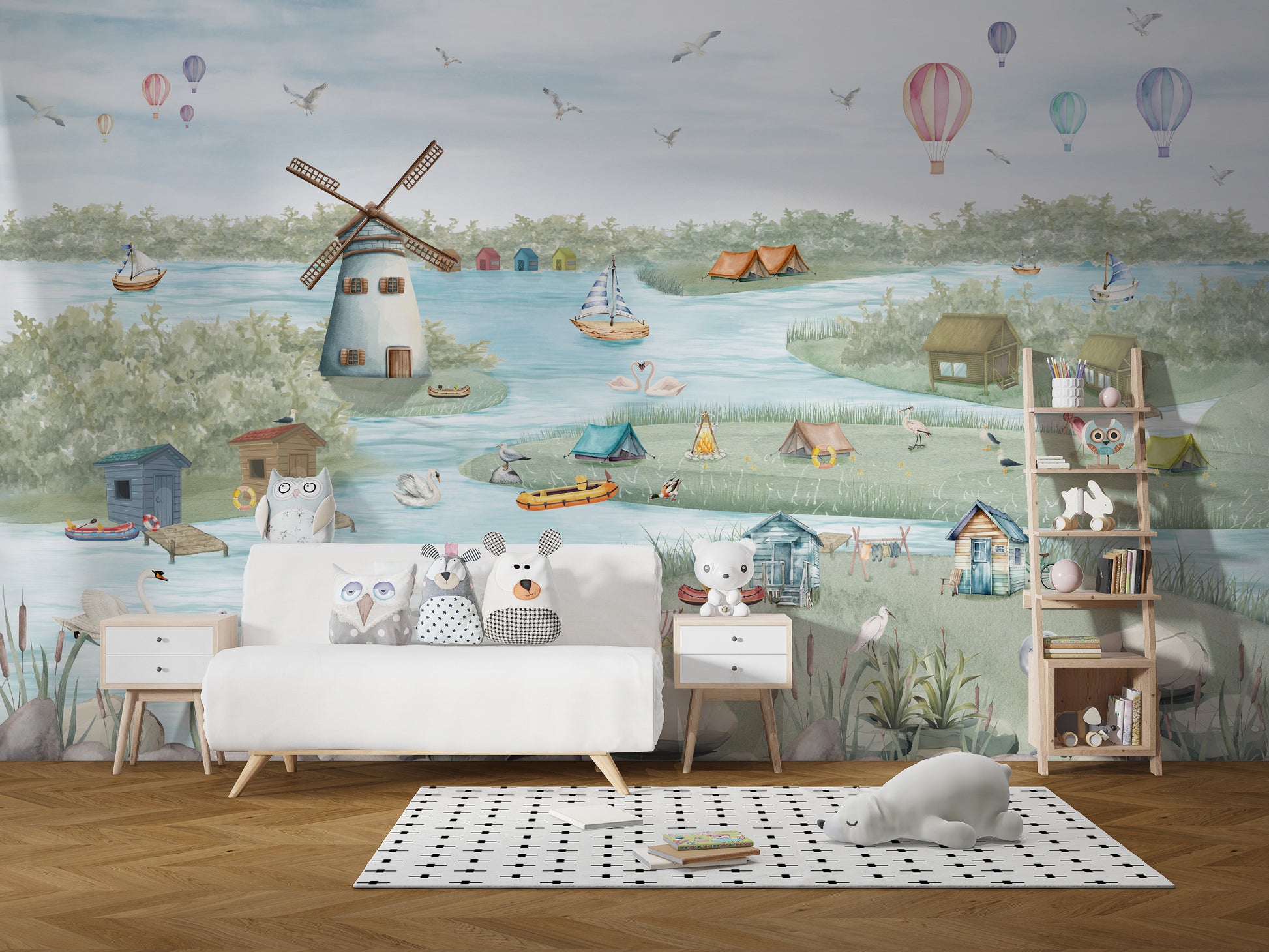 Kids room mural with boats and hot air balloons