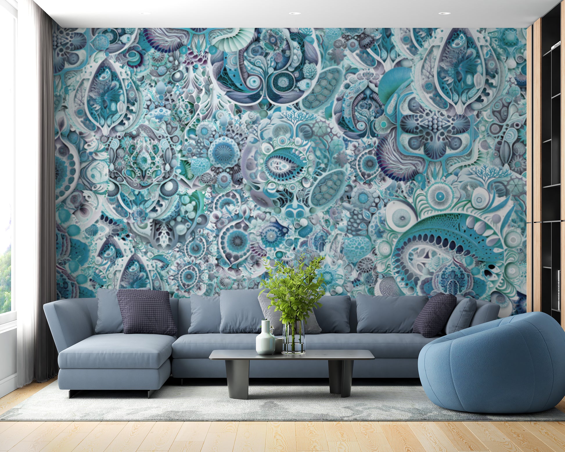 Artistic blue abstract Haeckel wallpaper perfect for minimalist designs.