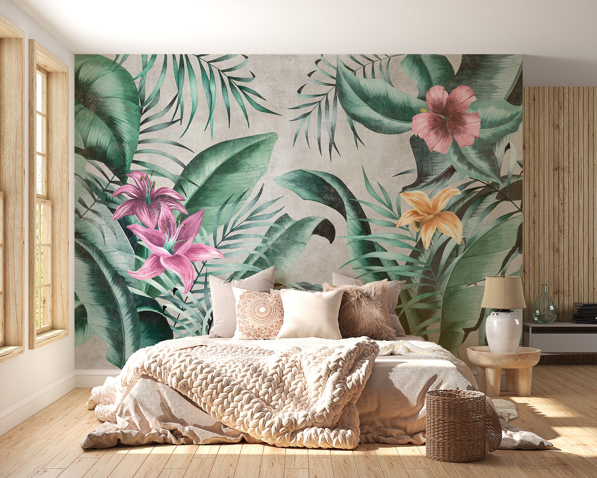 Large green leaves rustic floral mural for rooms