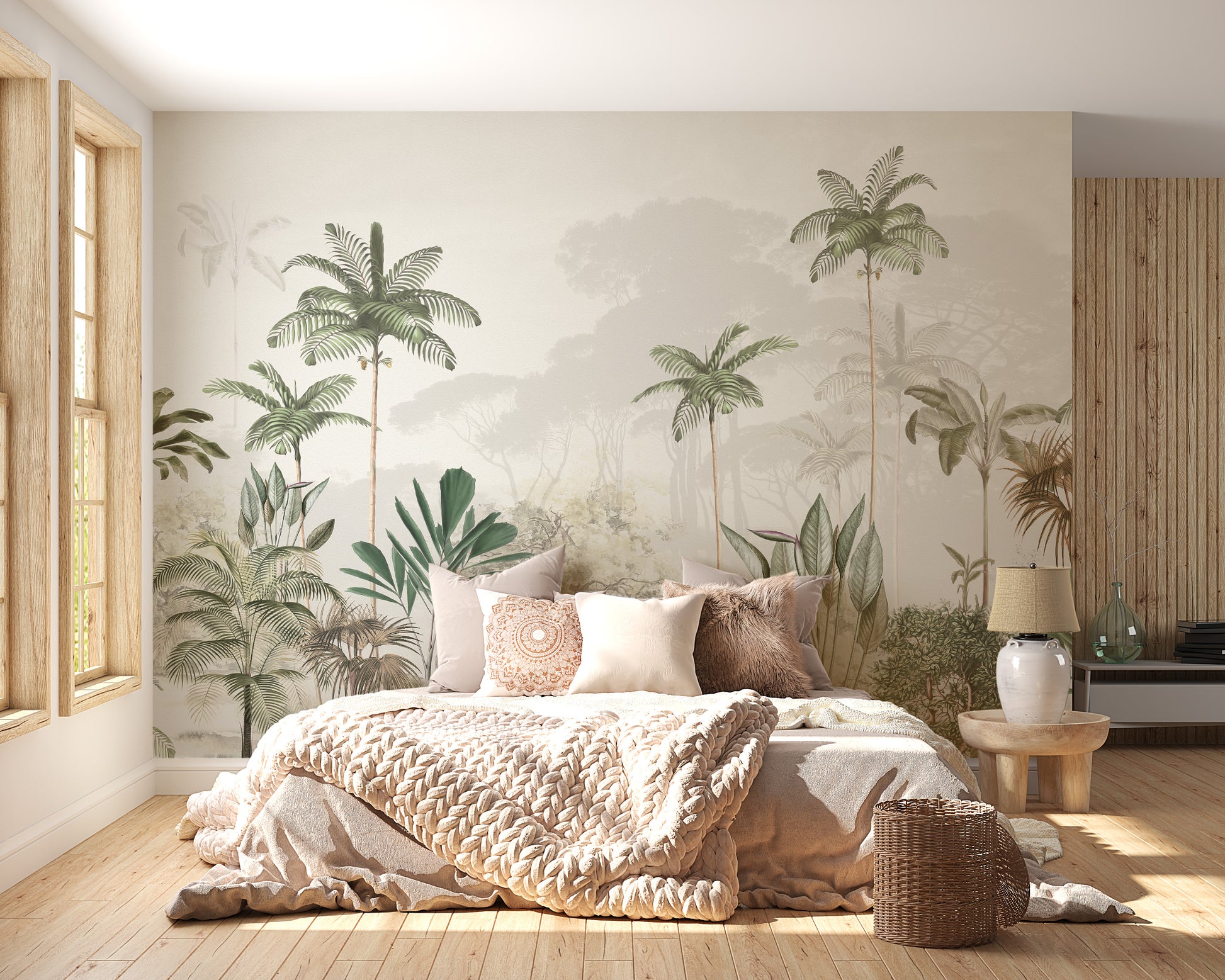 White tone tropical trees wallpaper mural
