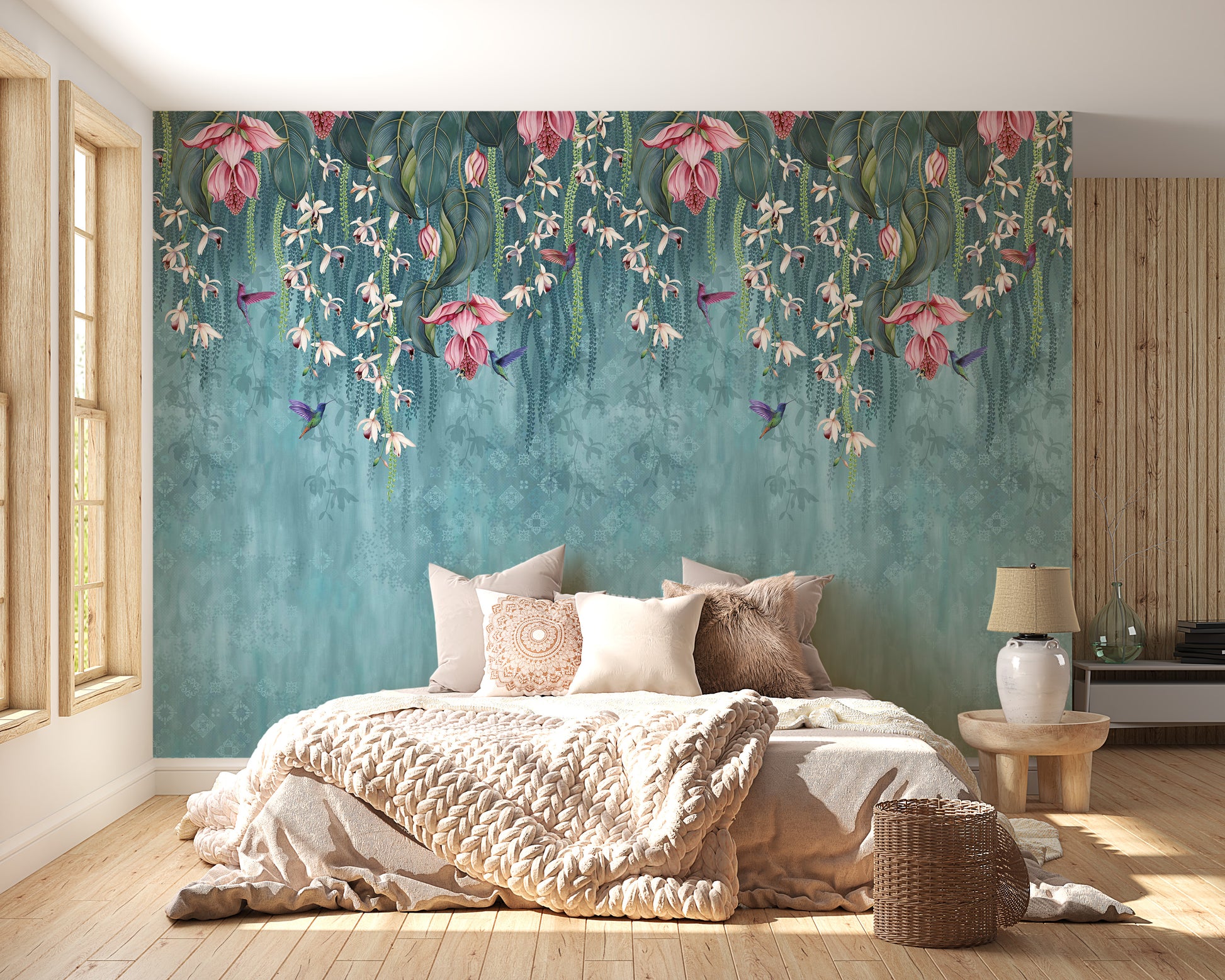 Hanging Pink Flower on Turquoise Wallpaper
