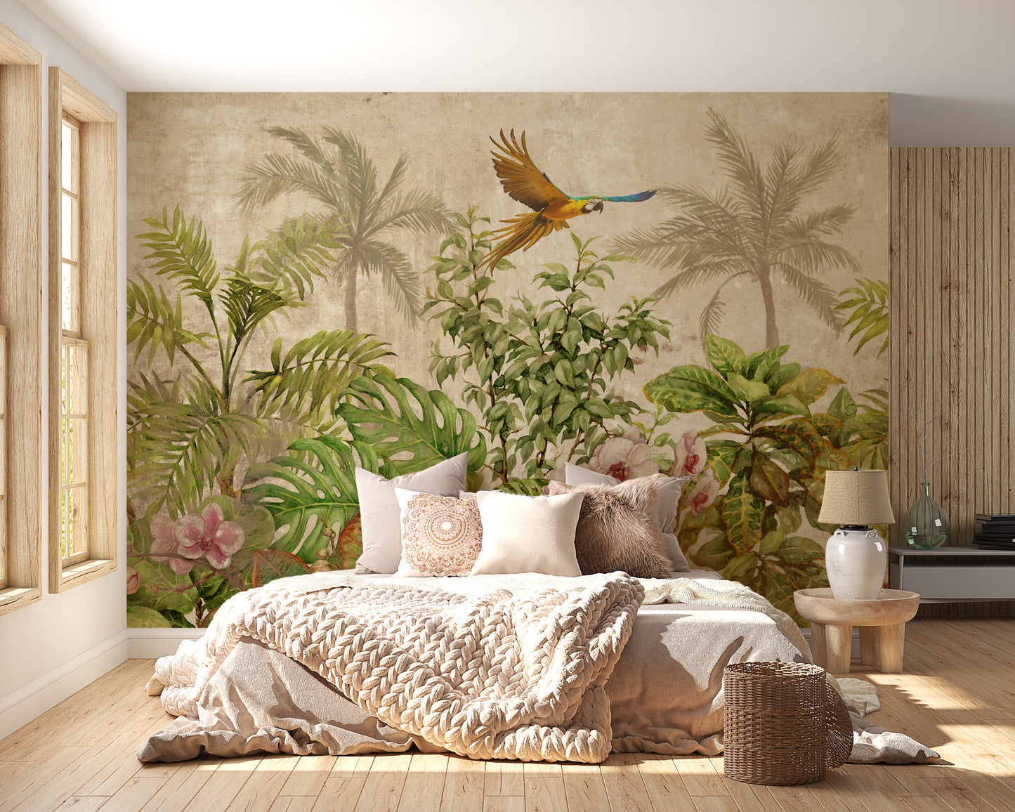 Exotic Feathered Fliers on Tropical Jungle Wallpaper