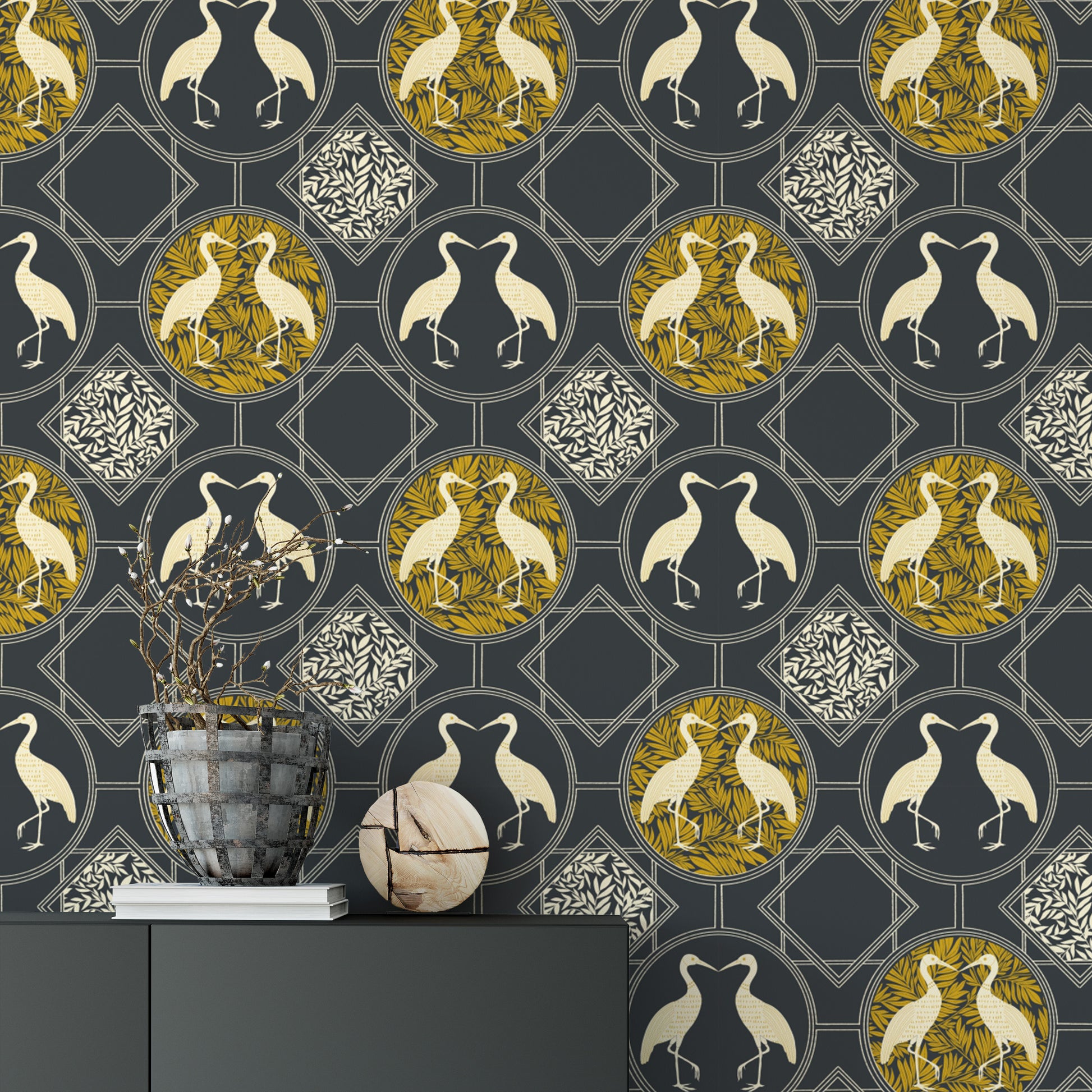 Stylish heron design art deco mural wallpaper
