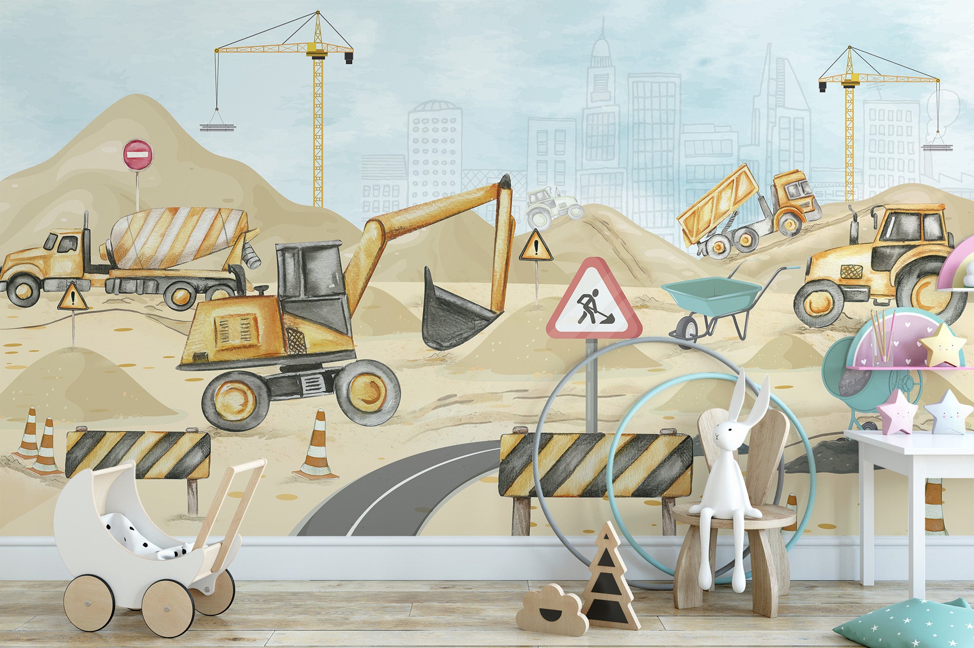 Construction-themed kids room mural wallpaper
