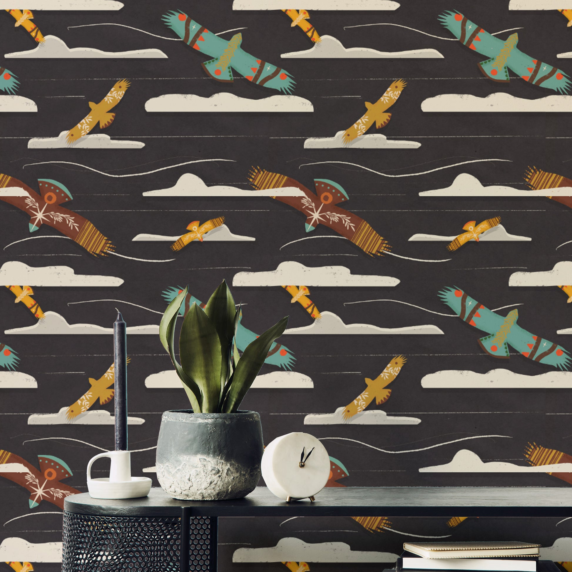 Soaring birds charcoal wallpaper for rooms
