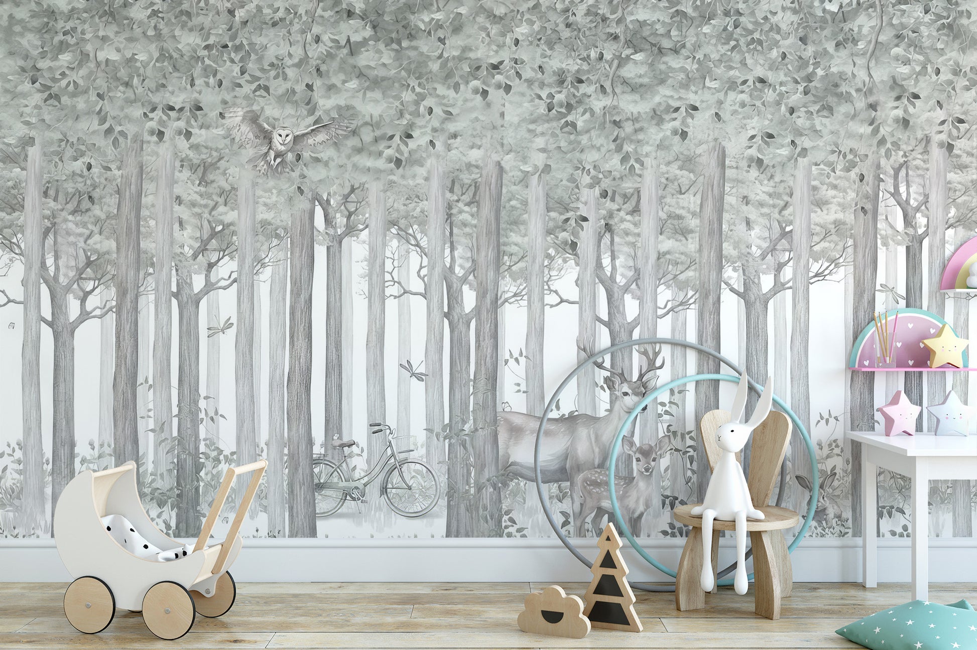 Calming woodland mural for kids' rooms
