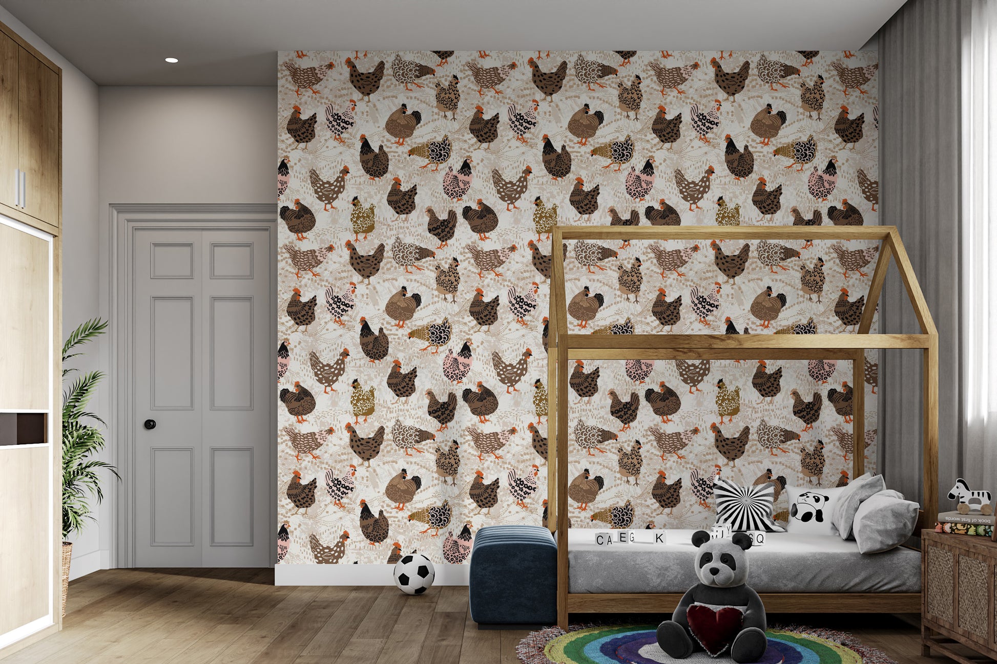 Farmhouse fowl wallpaper with artistic charm