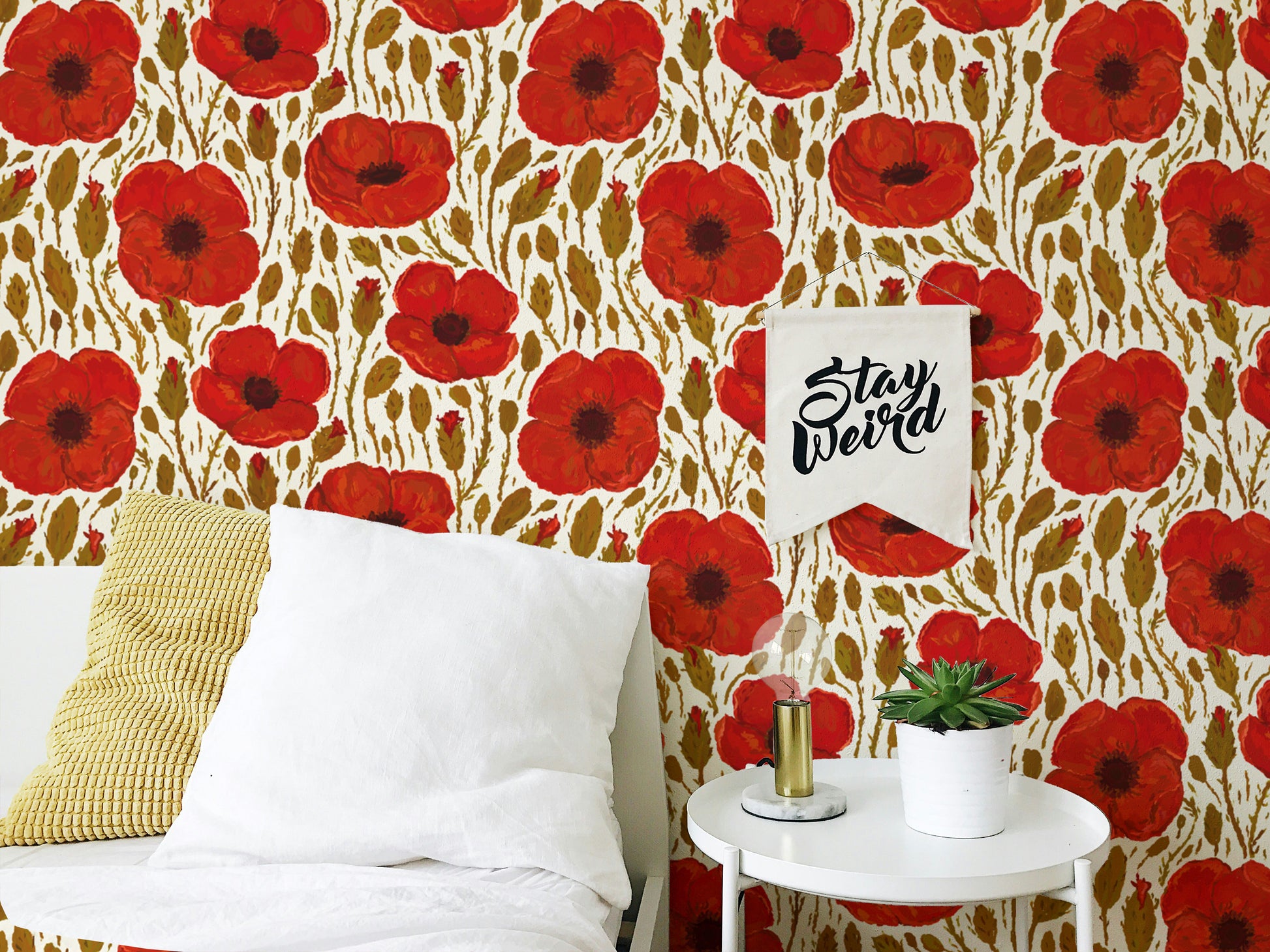 Whimsical light red poppy wallpaper for cheerful and airy interiors.
