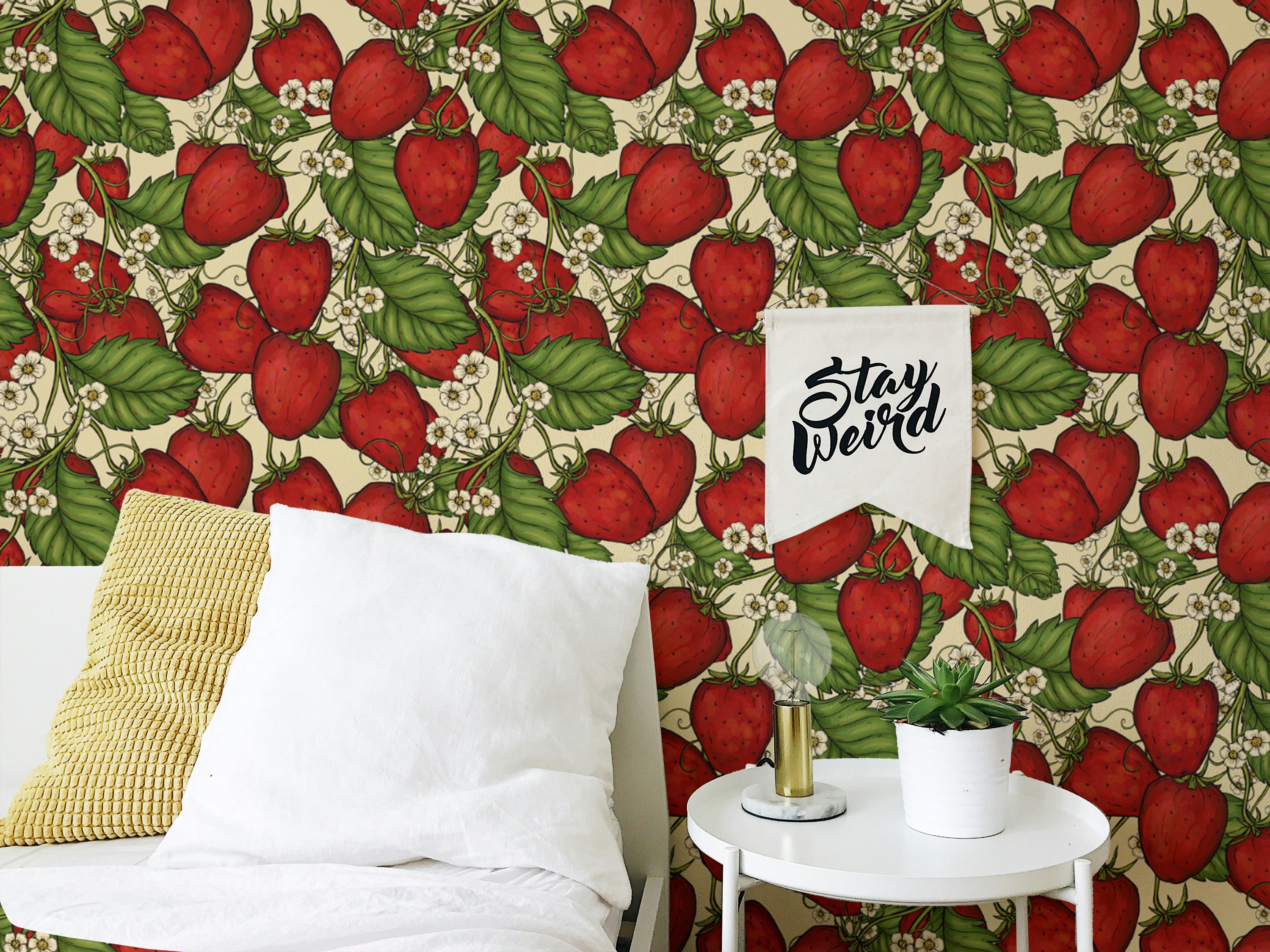 Sophisticated red strawberry forest mural for a chic and modern look.
