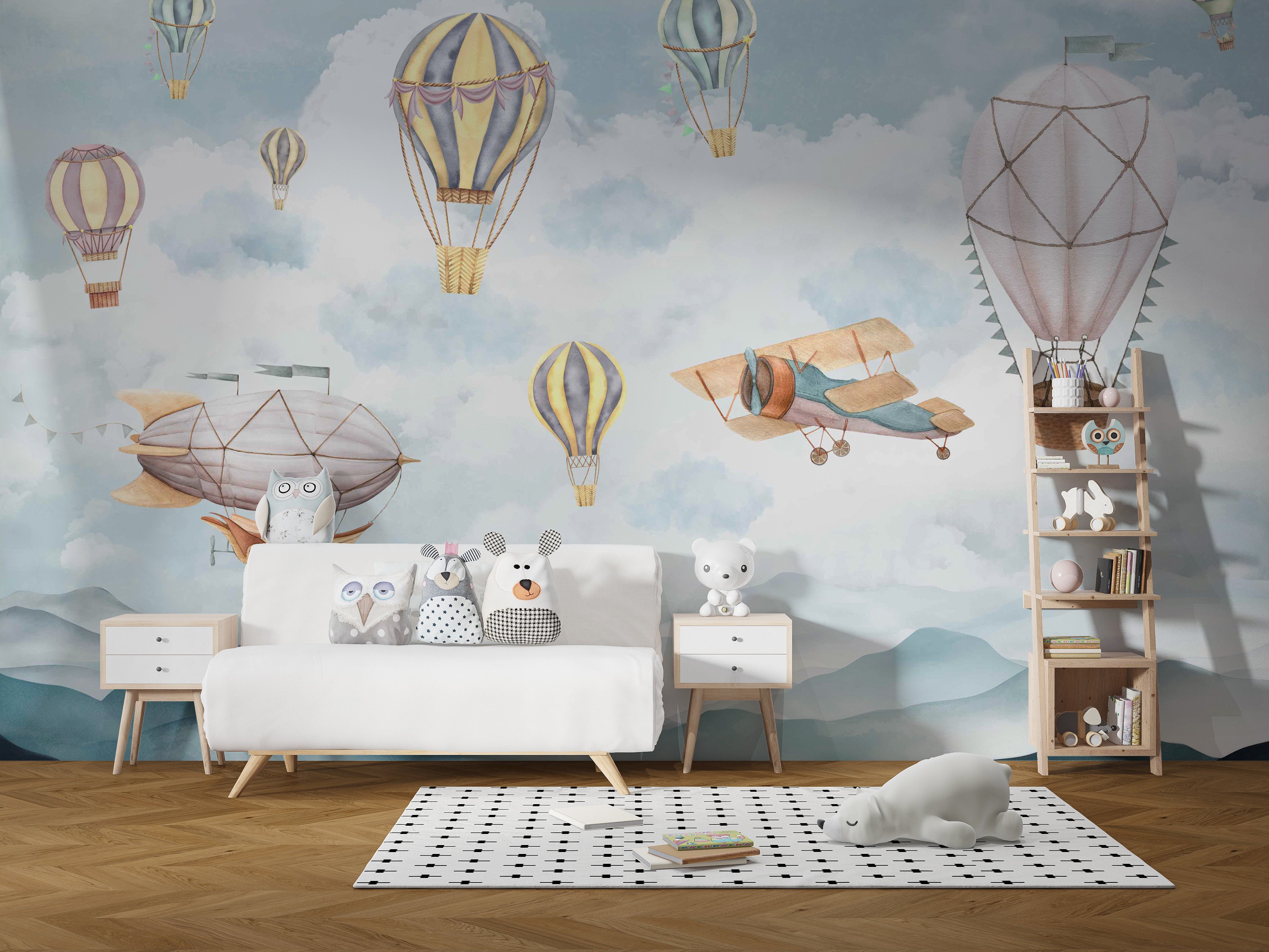 Vintage airships mural for children
