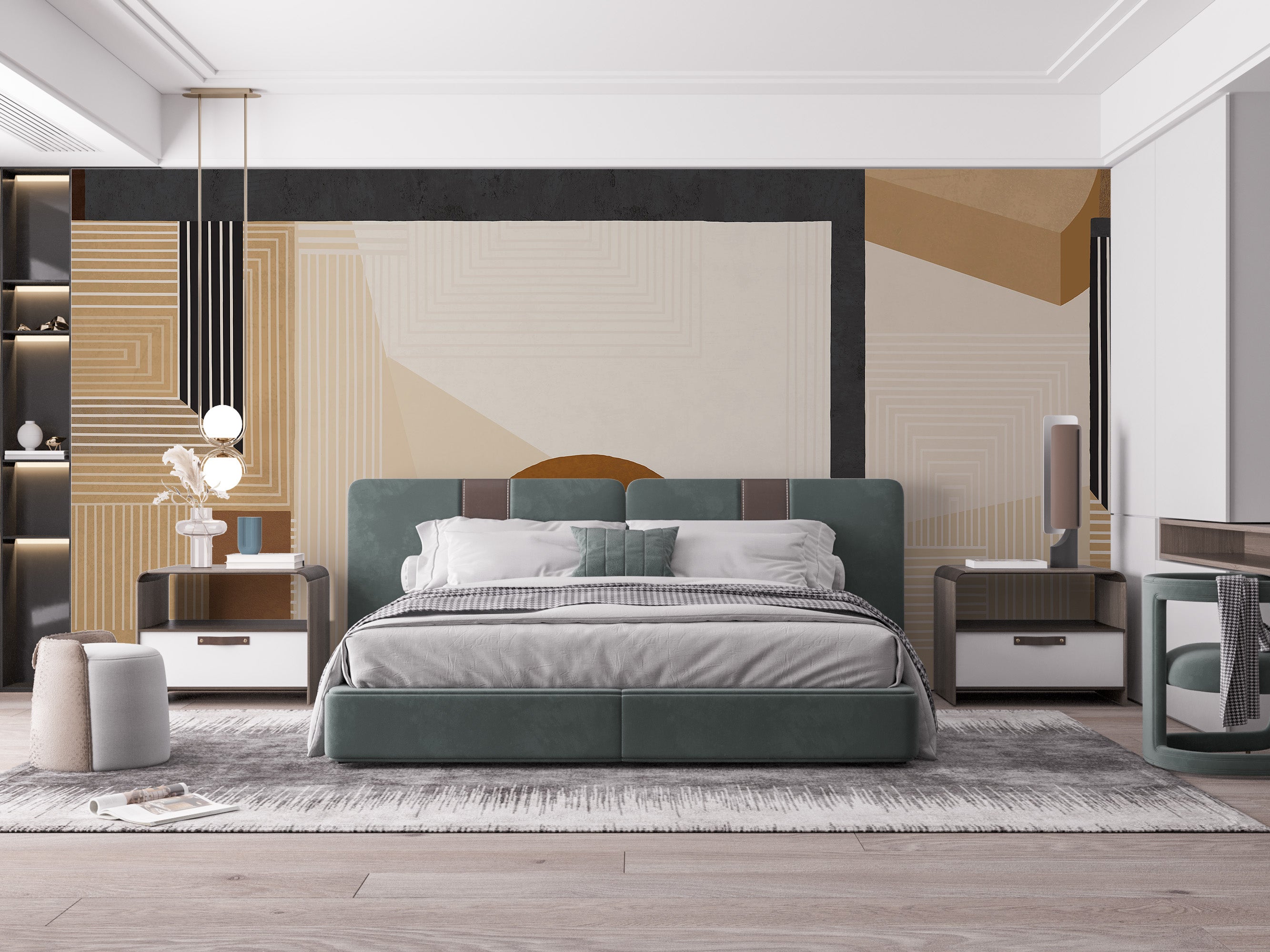 Bold geometric design mural enhances bedroom space