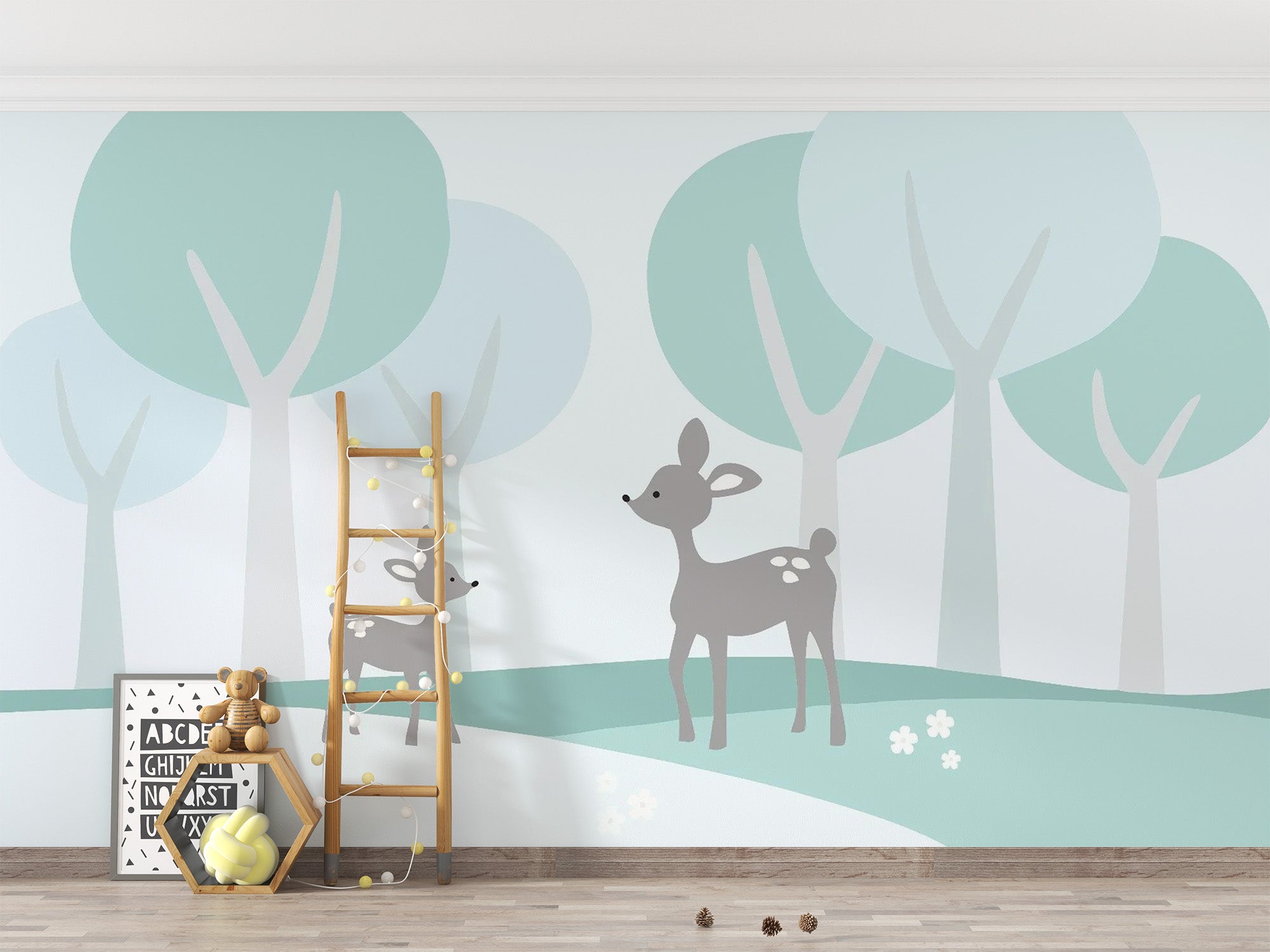 Woodland fawn wallpaper mural for nursery decor
