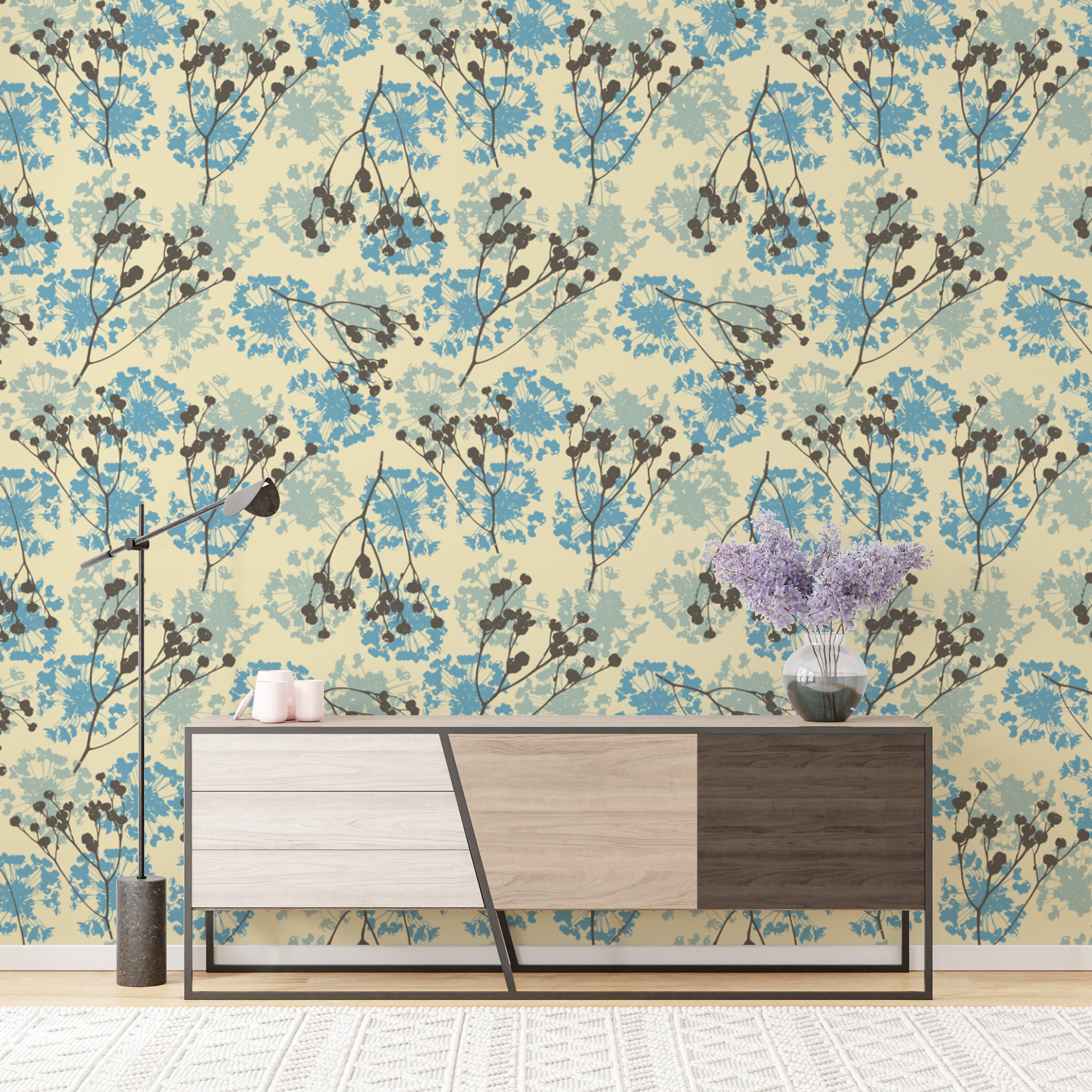 Artistic wallpaper mural featuring delicate floral motifs.
