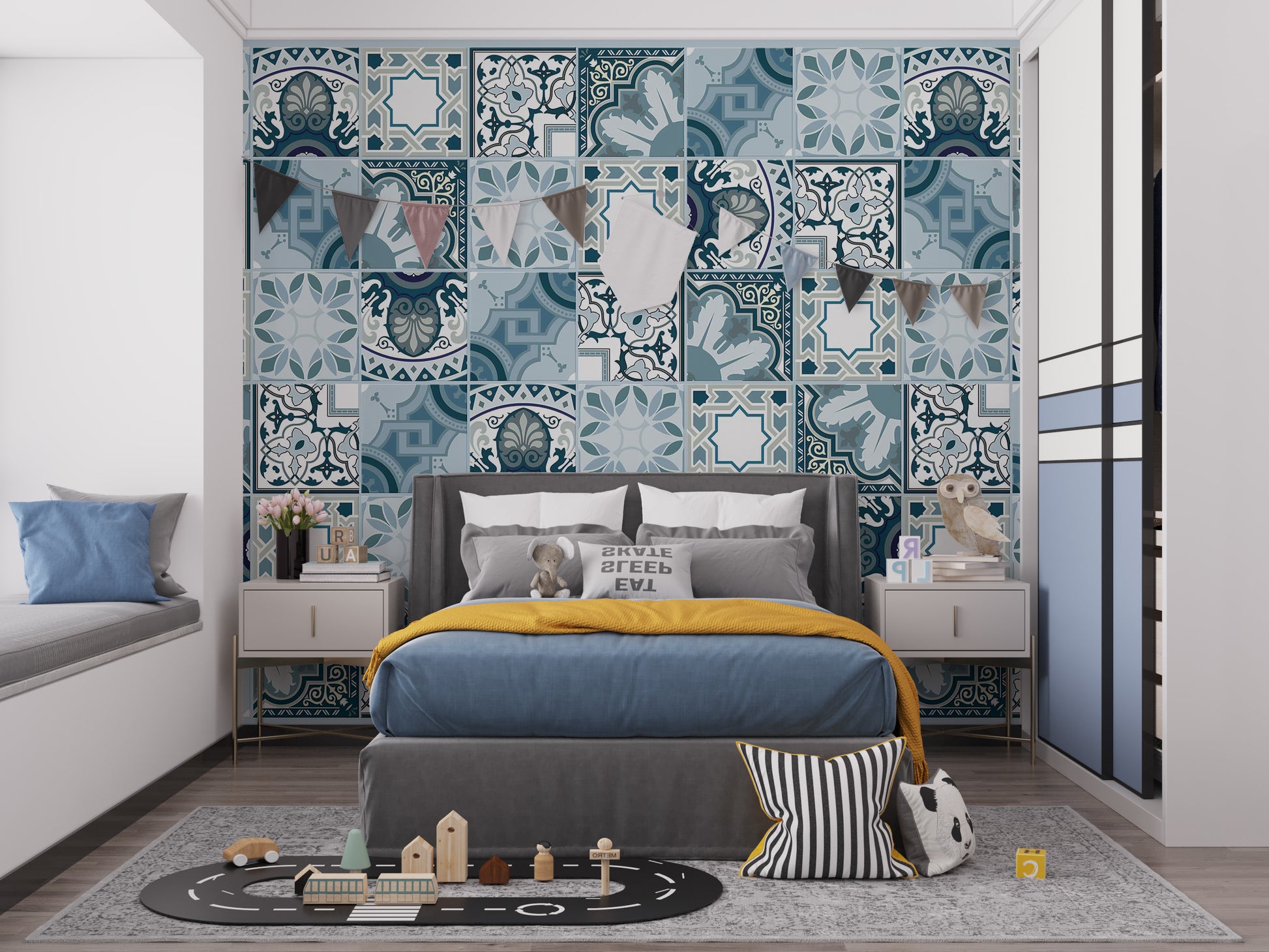 Stylish Blue Tile Mosaic Wall Mural
