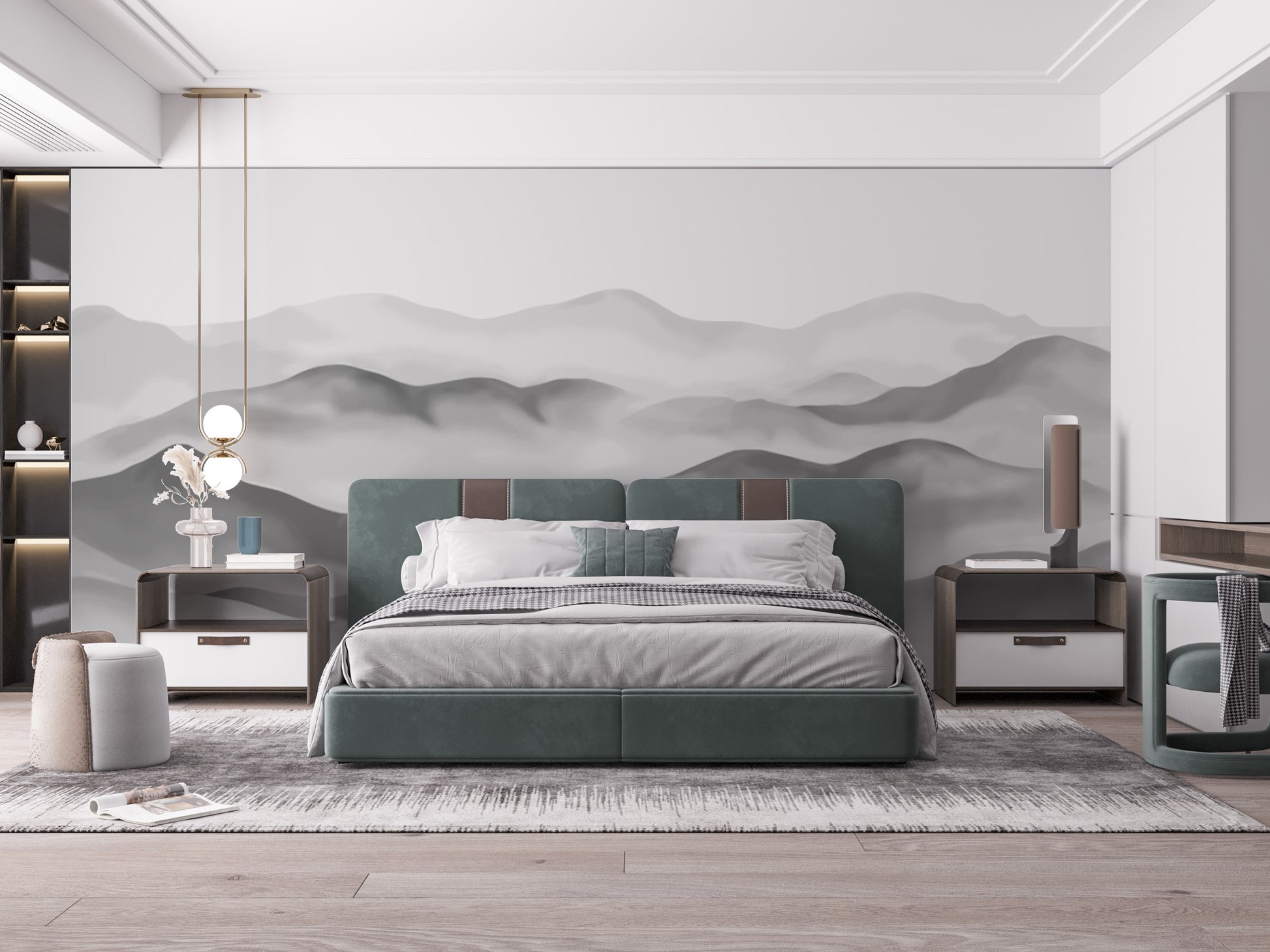 Minimalist grey mountain wall mural in watercolor