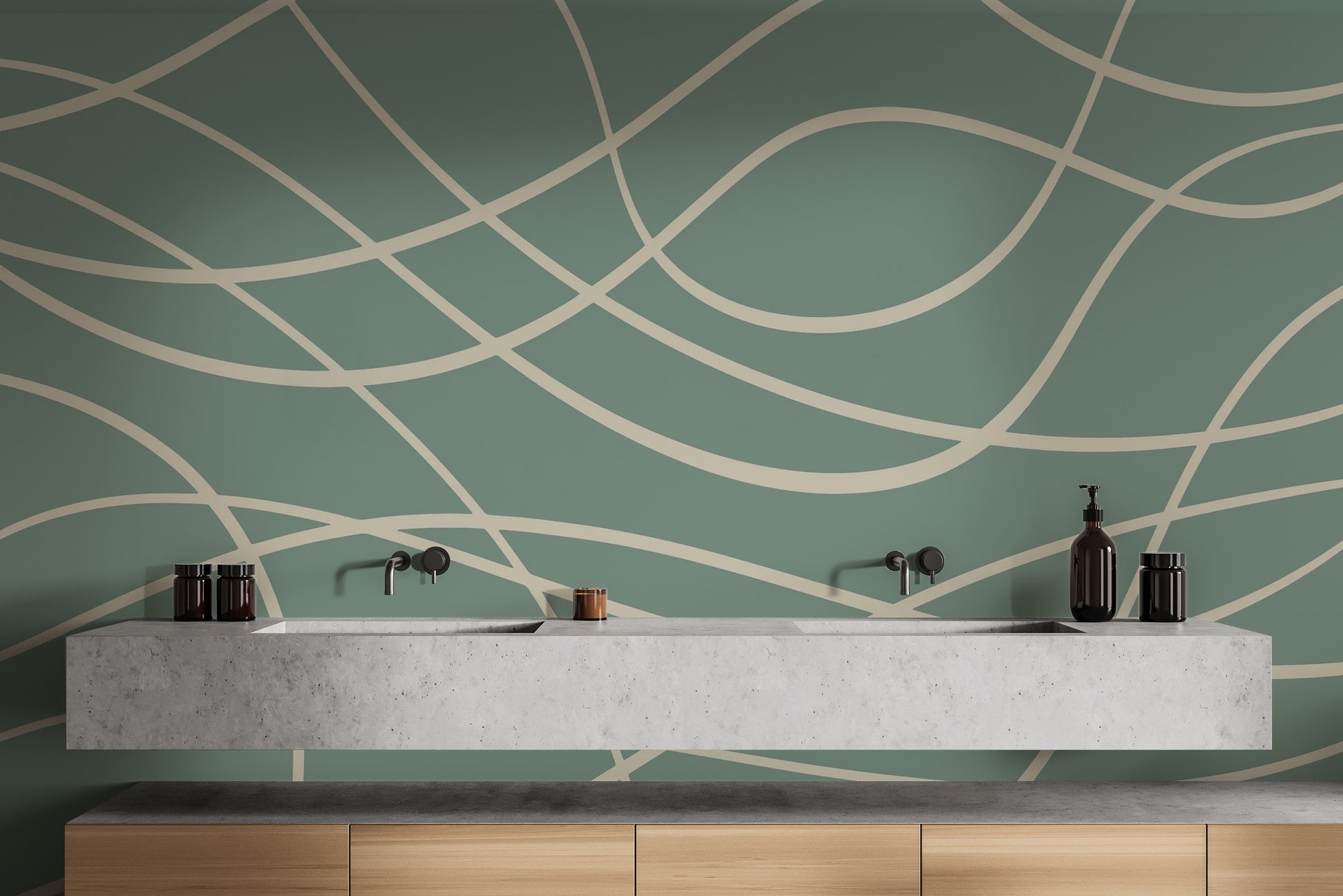 Elegant abstract mural featuring green line art