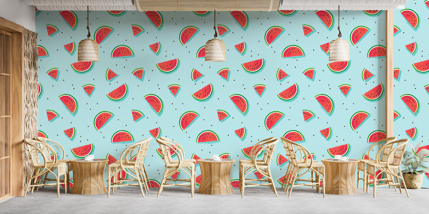 Watermelon slices on light blue wallpaper
