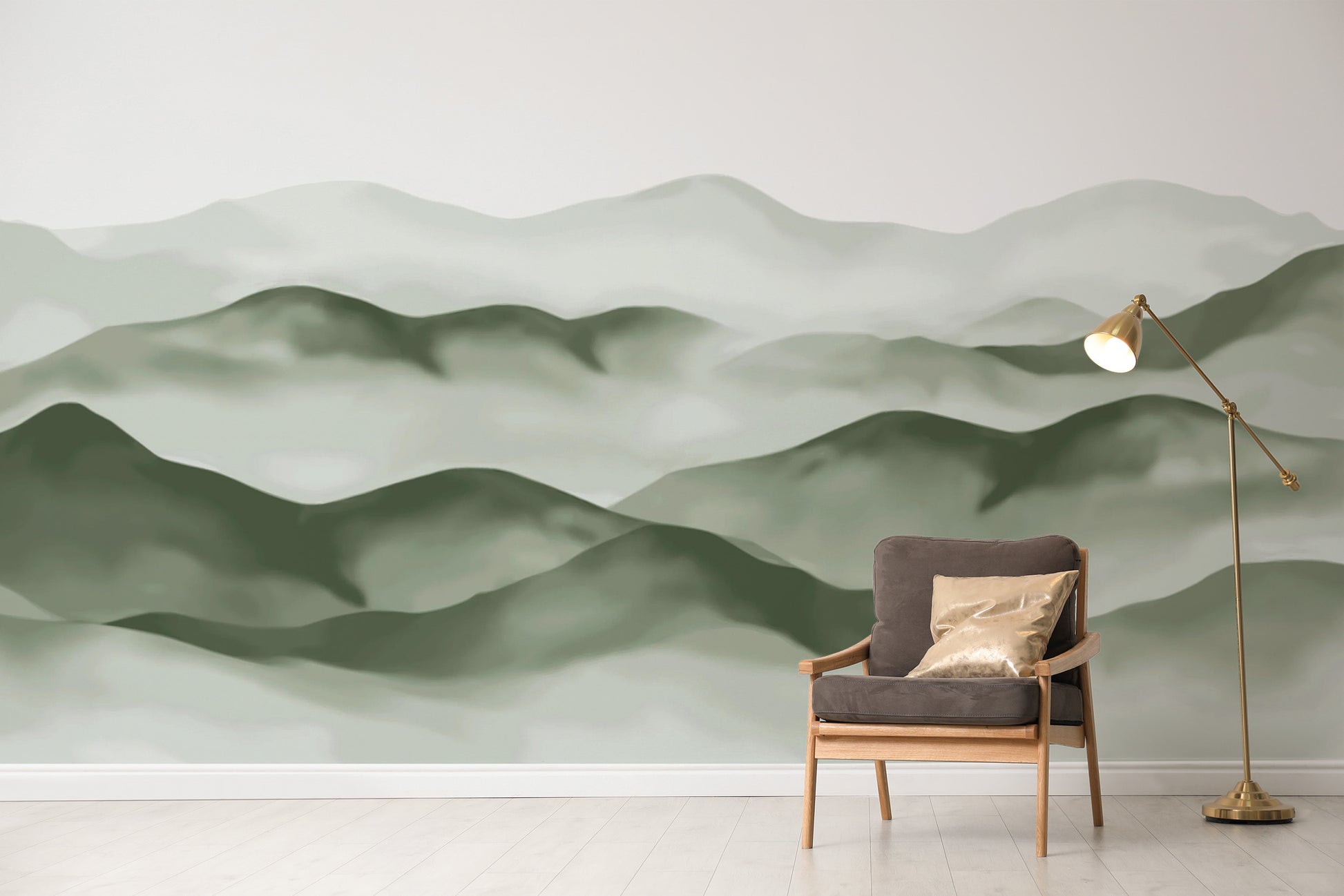 Minimalist green mountain wall mural in watercolor style