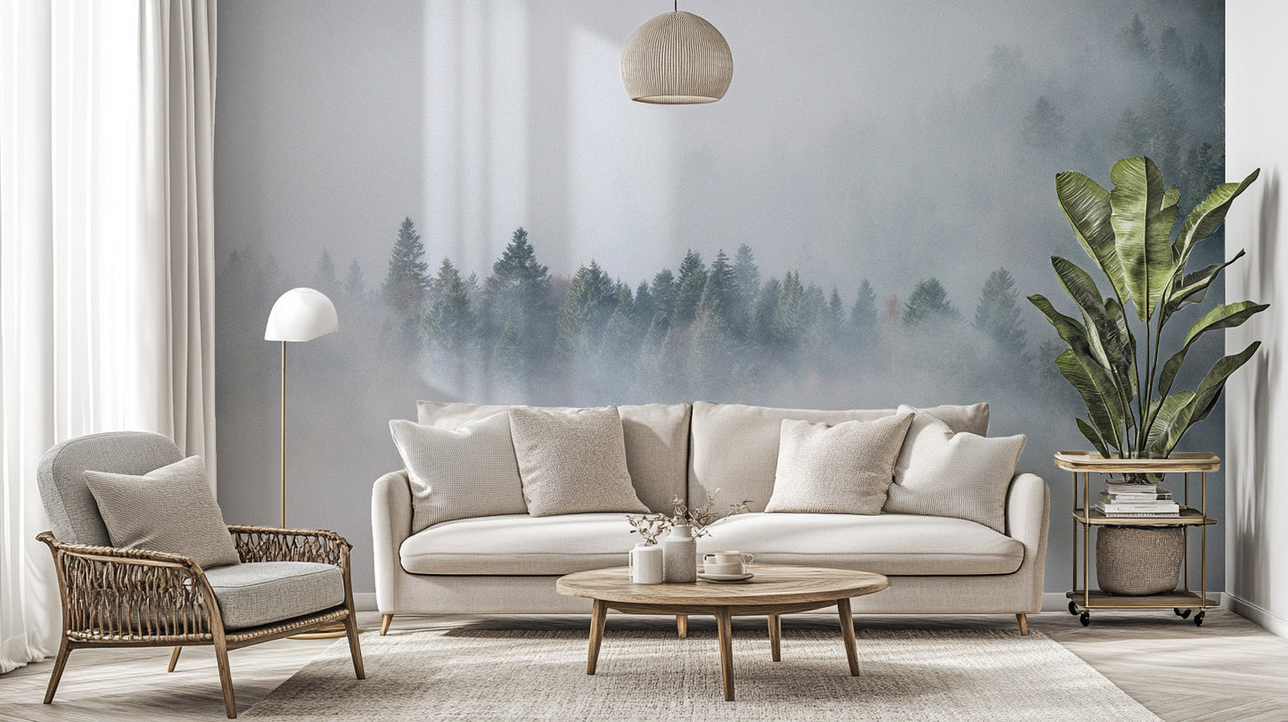 Mysterious foggy pine forest wallpaper mural
