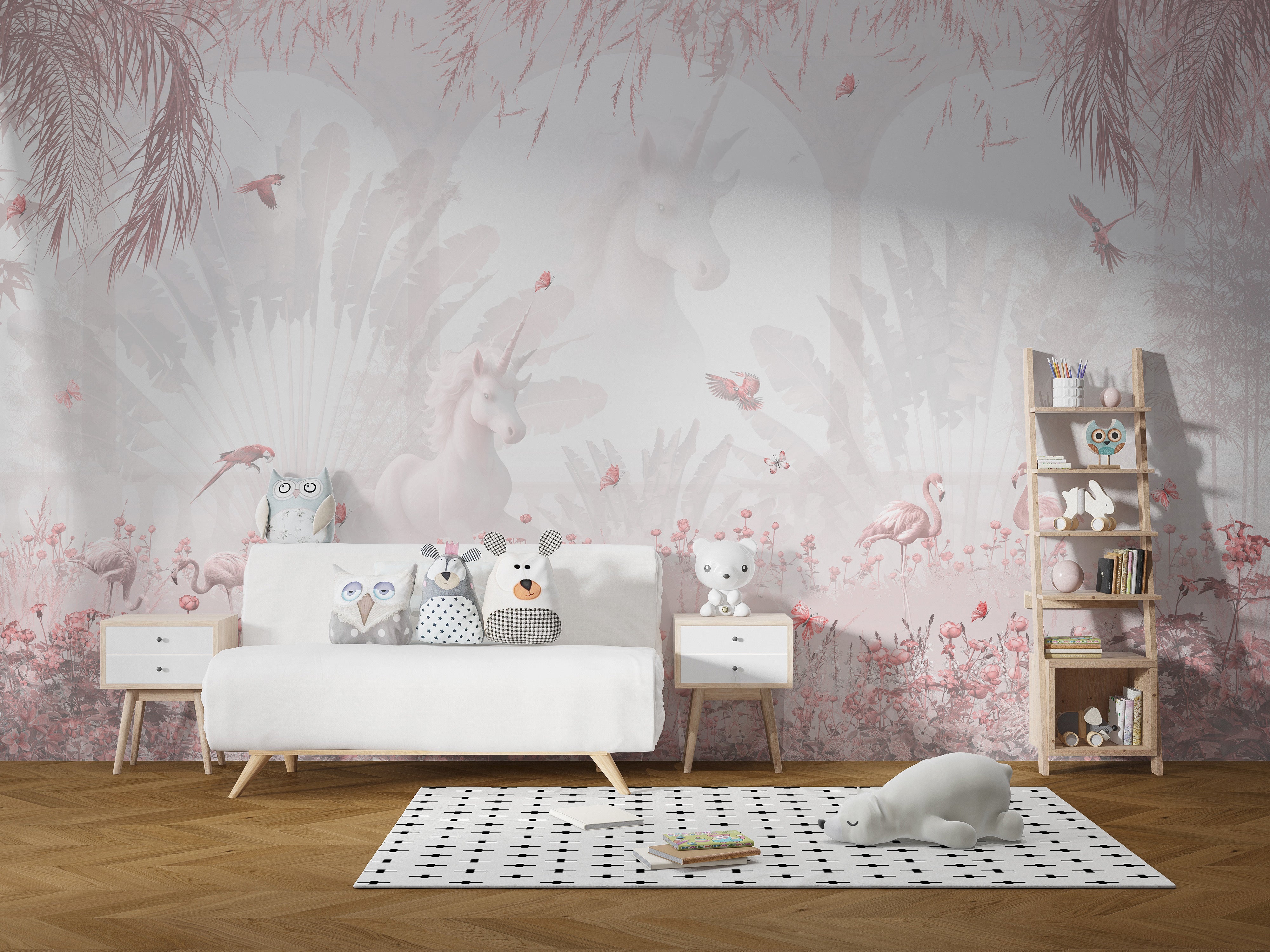 Play area charm with Serenity Blush Forest wallpaper in blush pink