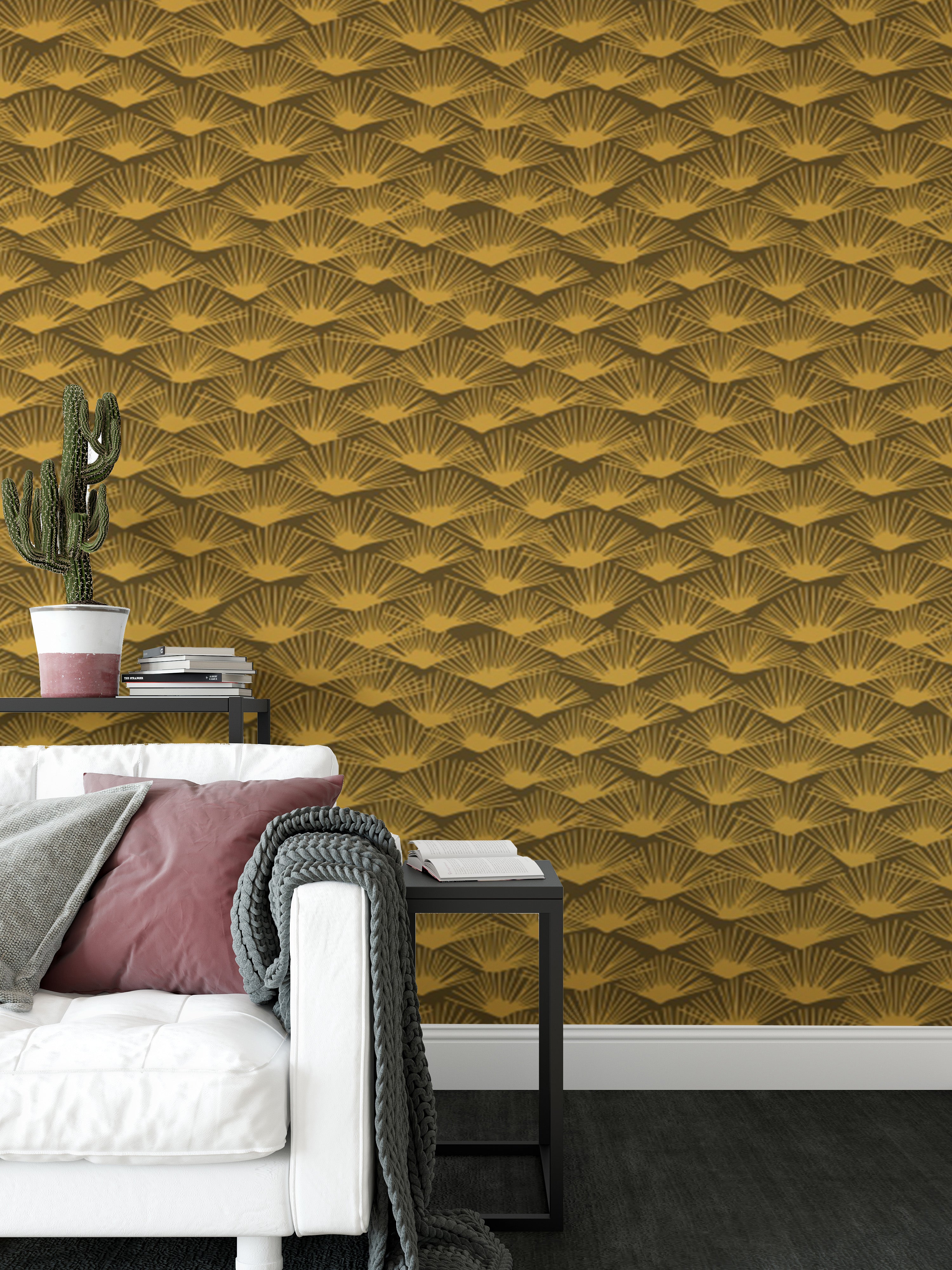 Golden Art Deco Fanfare wallpaper with sleek fan motifs.
